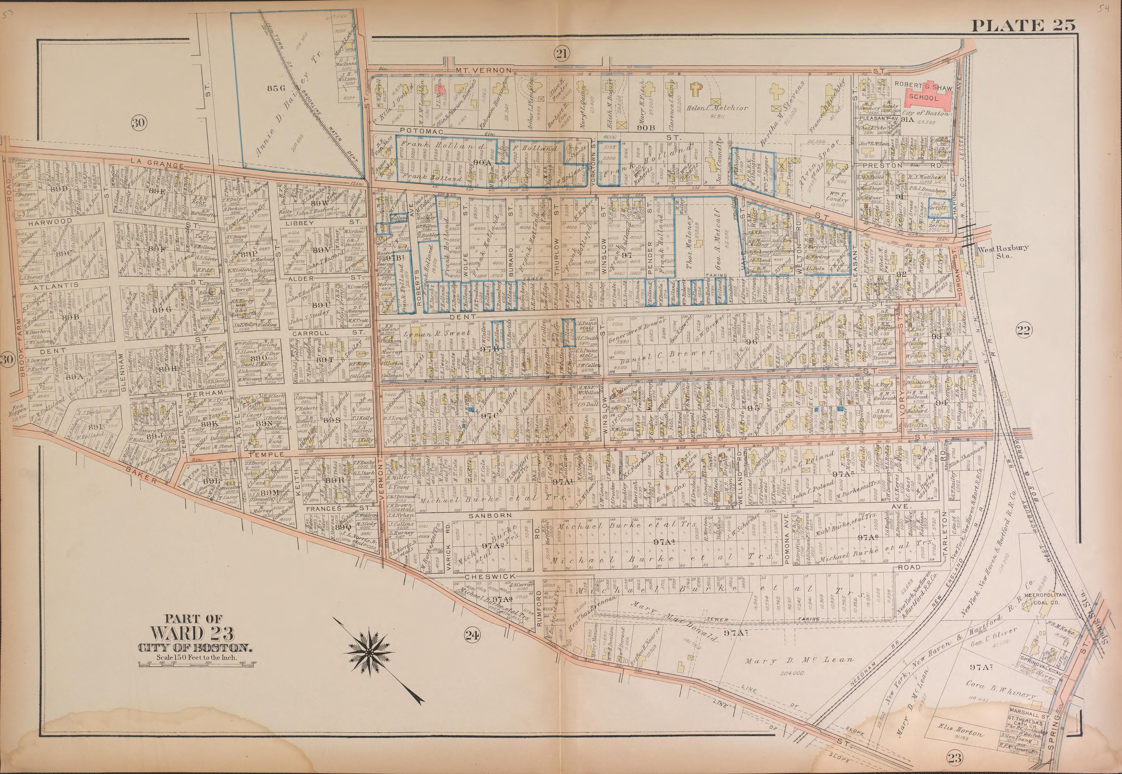 Boston, Ward 23--continued from Atlas of the City of Boston, West Roxbury : from Actual Surveys and Official Plans 1924 by Relic Map Company