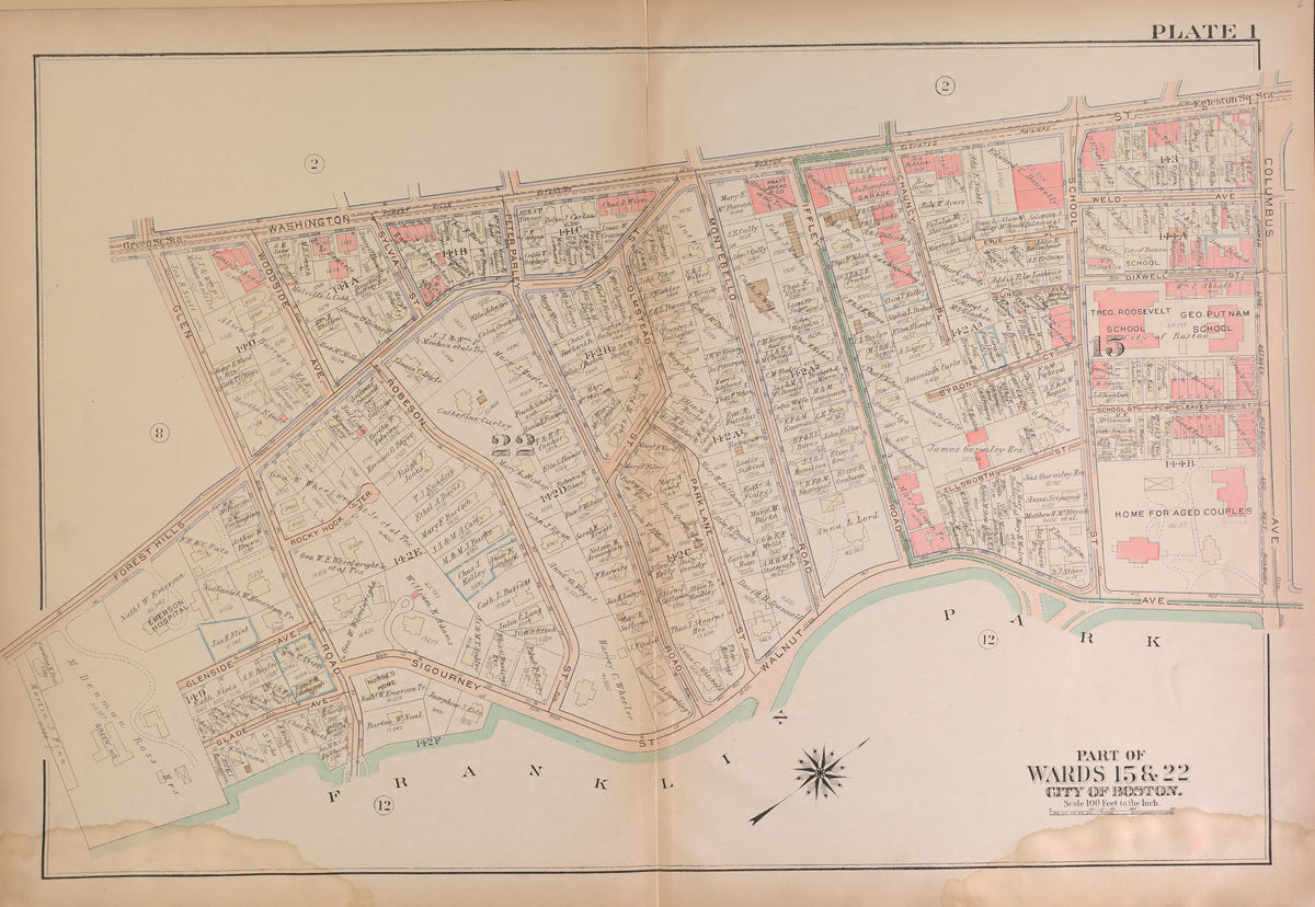 Boston, Wards 15 and 22 from Atlas of the City of Boston, West Roxbury : from Actual Surveys and Official Plans 1924 by Relic Map Company