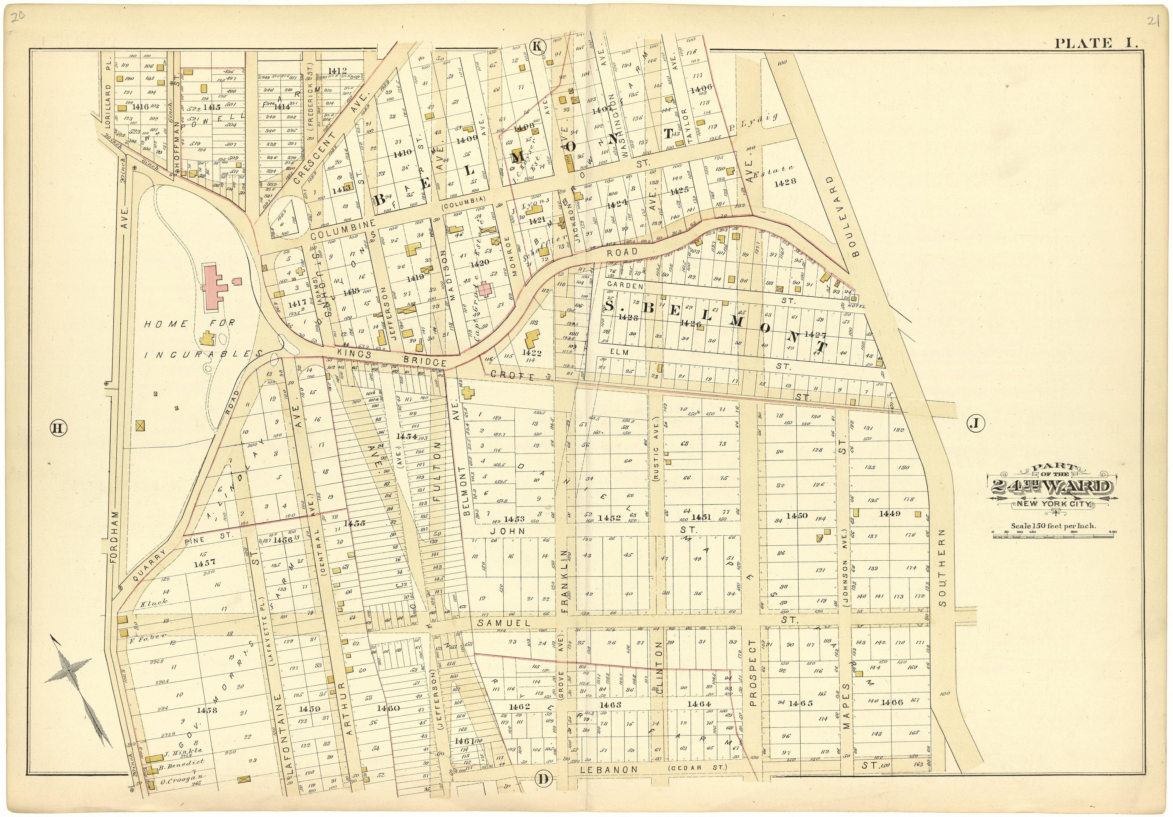 Part of the 24th Ward New York City - Plate I from Atlas of the 24th Ward, City of New York : from Actual Surveys and Official Records 1882 by Relic Map Company