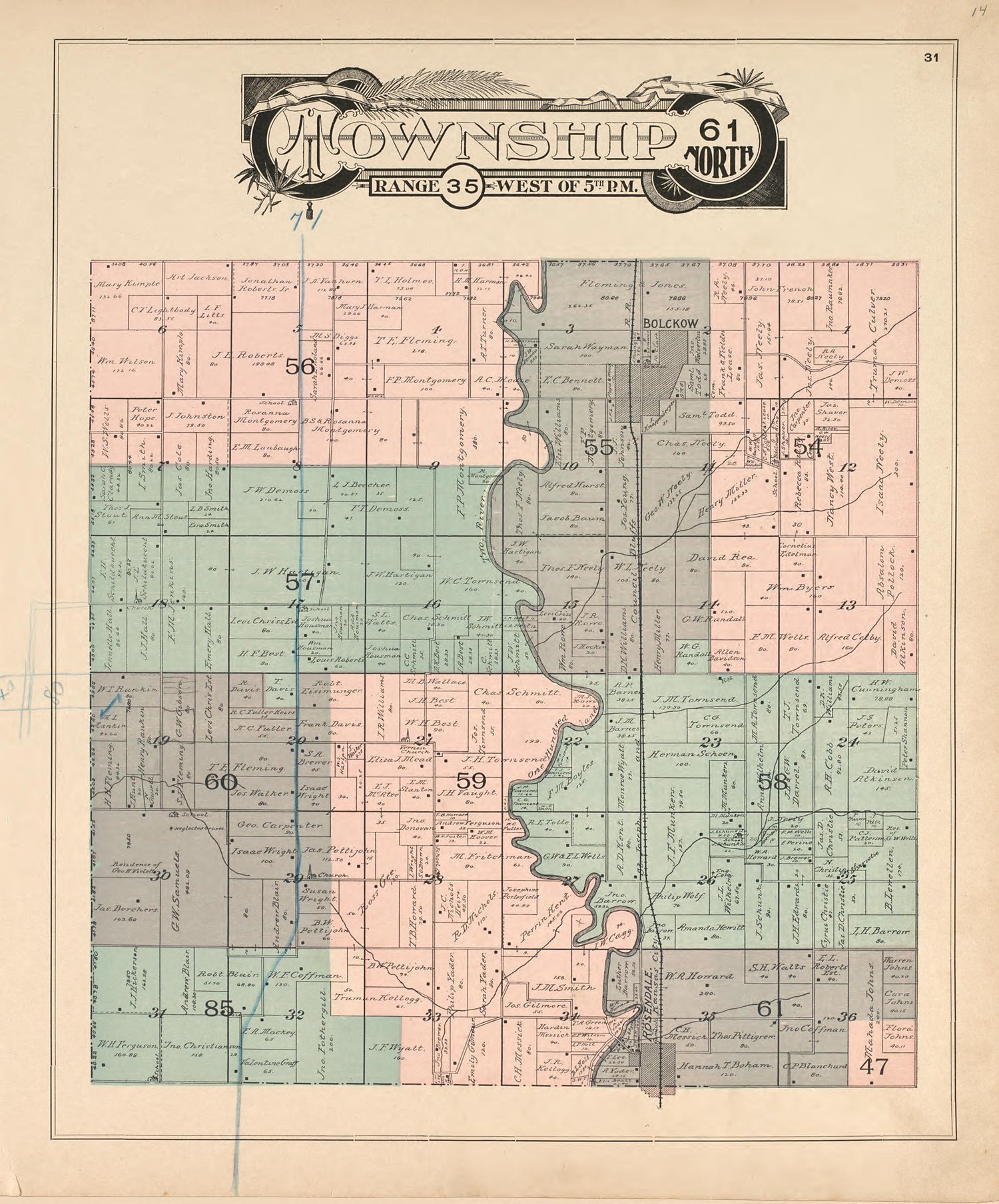 Township 61 North Range 35 West of 5th P.M. from Atlas of Andrew County, Missouri : Including Plats of the Villiages sic, Cities and Townships of the County, a Map of the State and of the United States, Patrons&