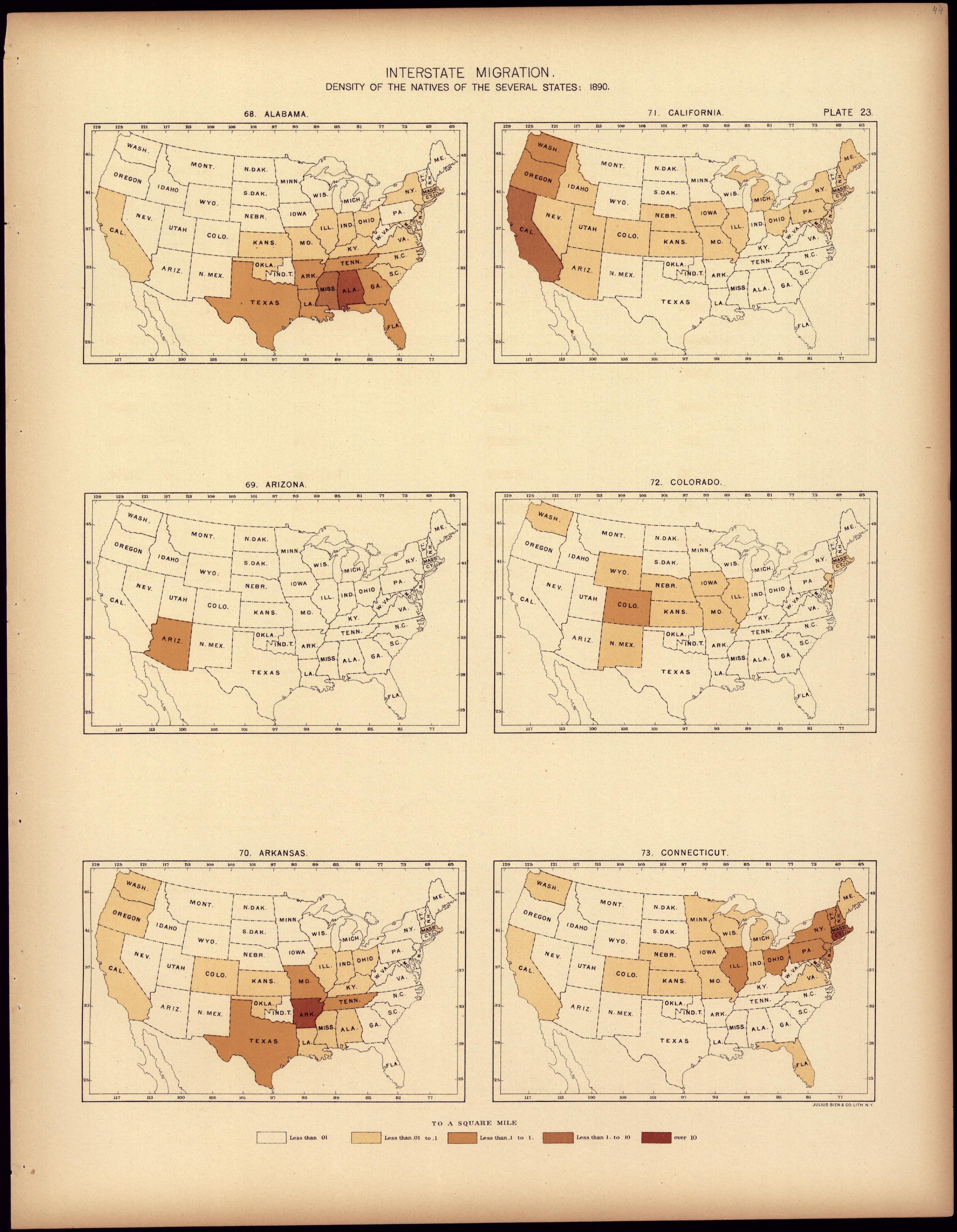 Interstate Migration : 1890 (AL, AZ, AK, CA, CO, CT) from Statistical Atlas of the United States, Based Upon the Results of the Eleventh Census 1898 by Relic Map Company