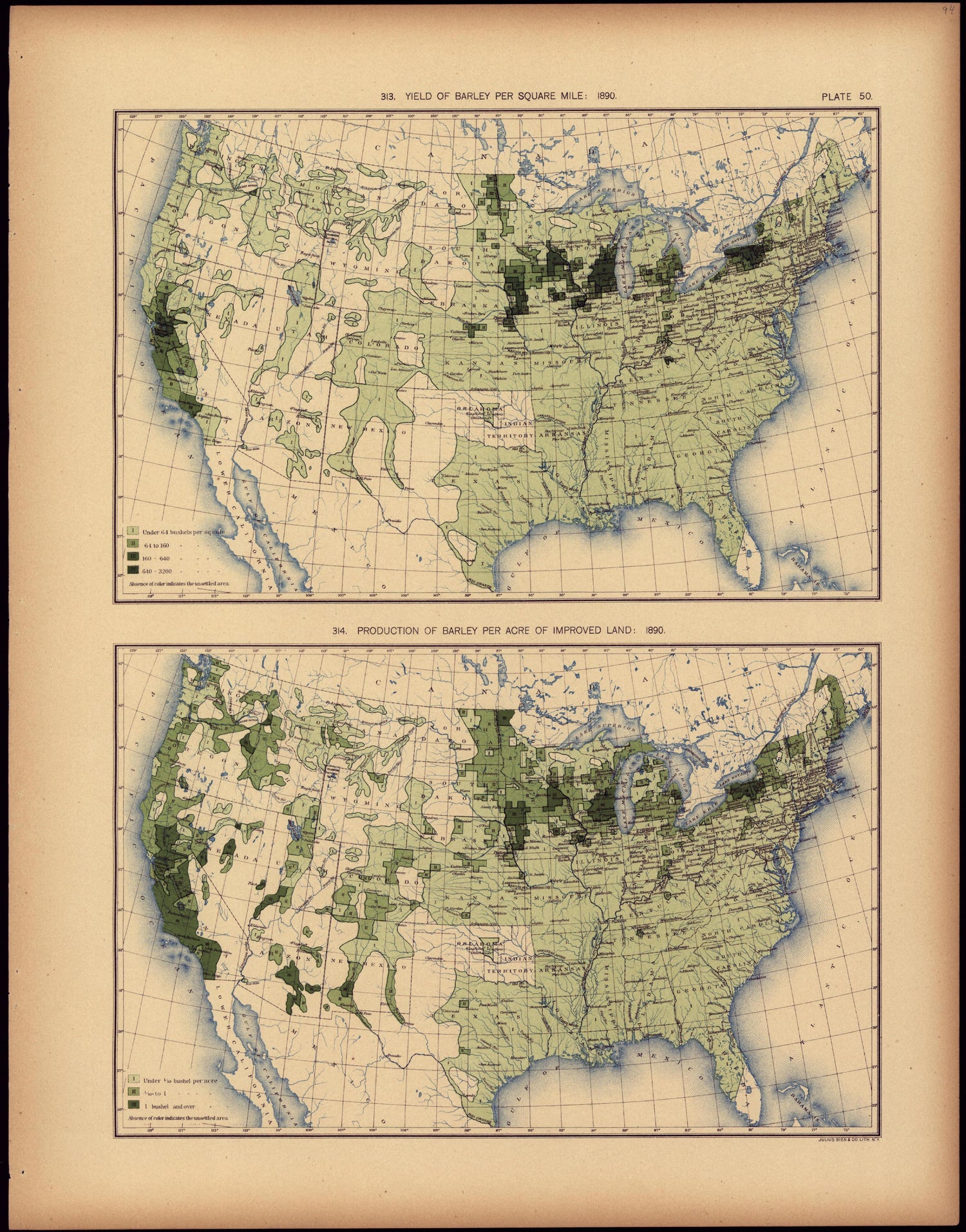 Yield of Barley Per Square Mile: 1890 from Statistical Atlas of the United States, Based Upon the Results of the Eleventh Census 1898 by Relic Map Company
