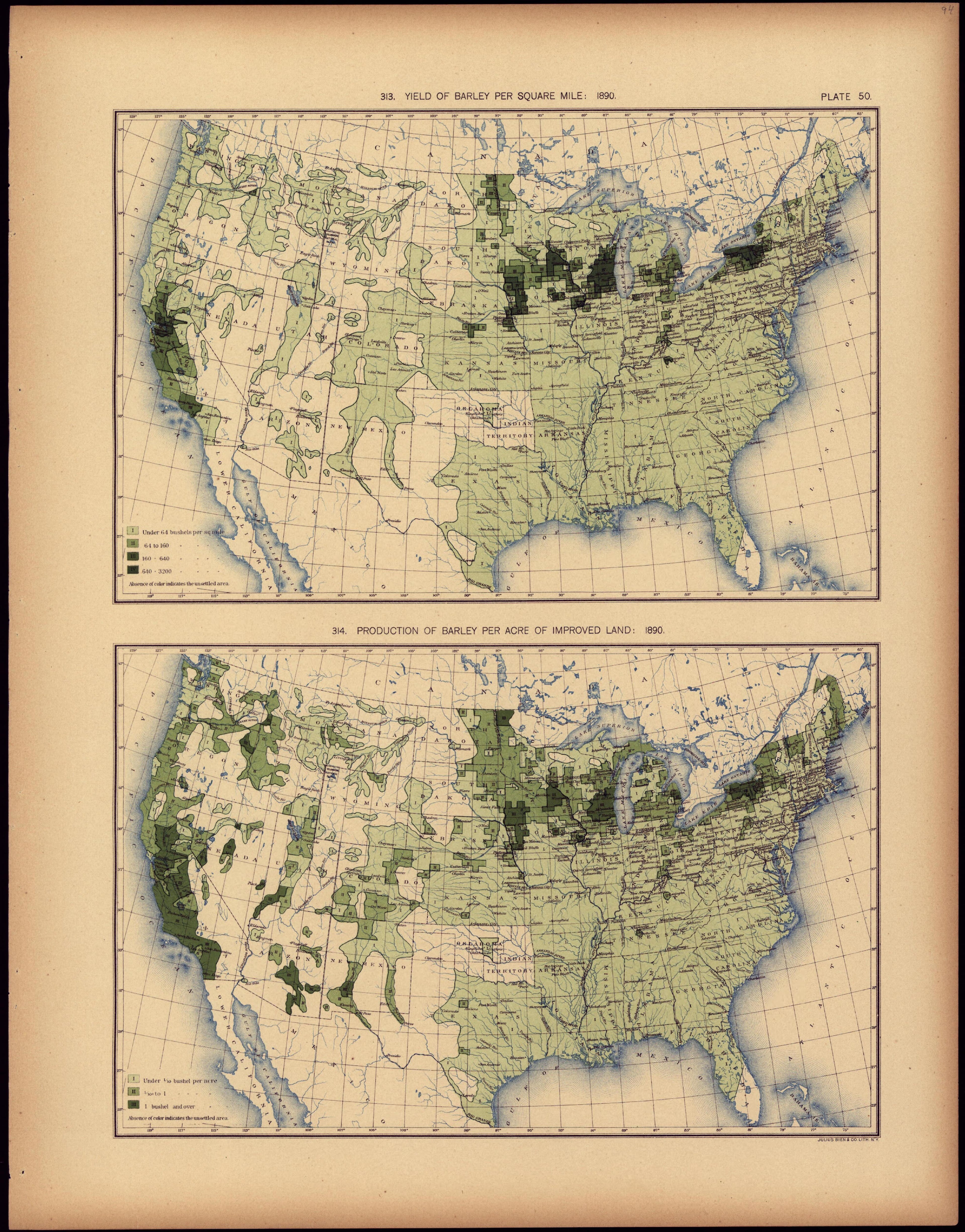 Yield of Barley Per Square Mile: 1890 from Statistical Atlas of the United States, Based Upon the Results of the Eleventh Census 1898 by Relic Map Company