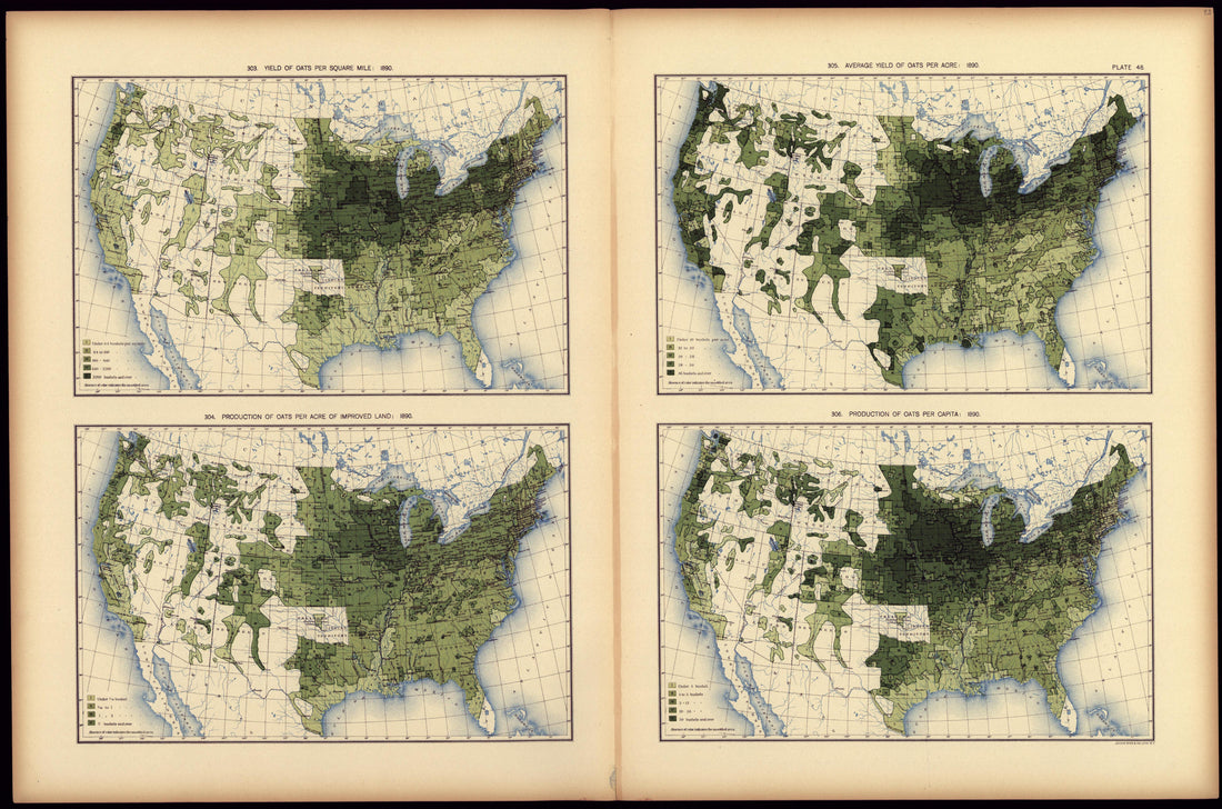 Yield of Oats Per Square Mile: 1890 from Statistical Atlas of the United States, Based Upon the Results of the Eleventh Census 1898 by Relic Map Company