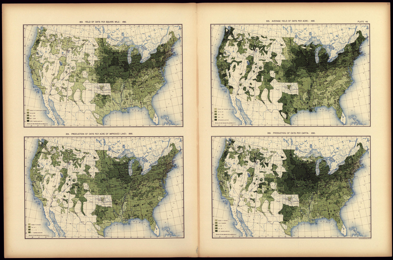 Yield of Oats Per Square Mile: 1890 from Statistical Atlas of the United States, Based Upon the Results of the Eleventh Census 1898 by Relic Map Company