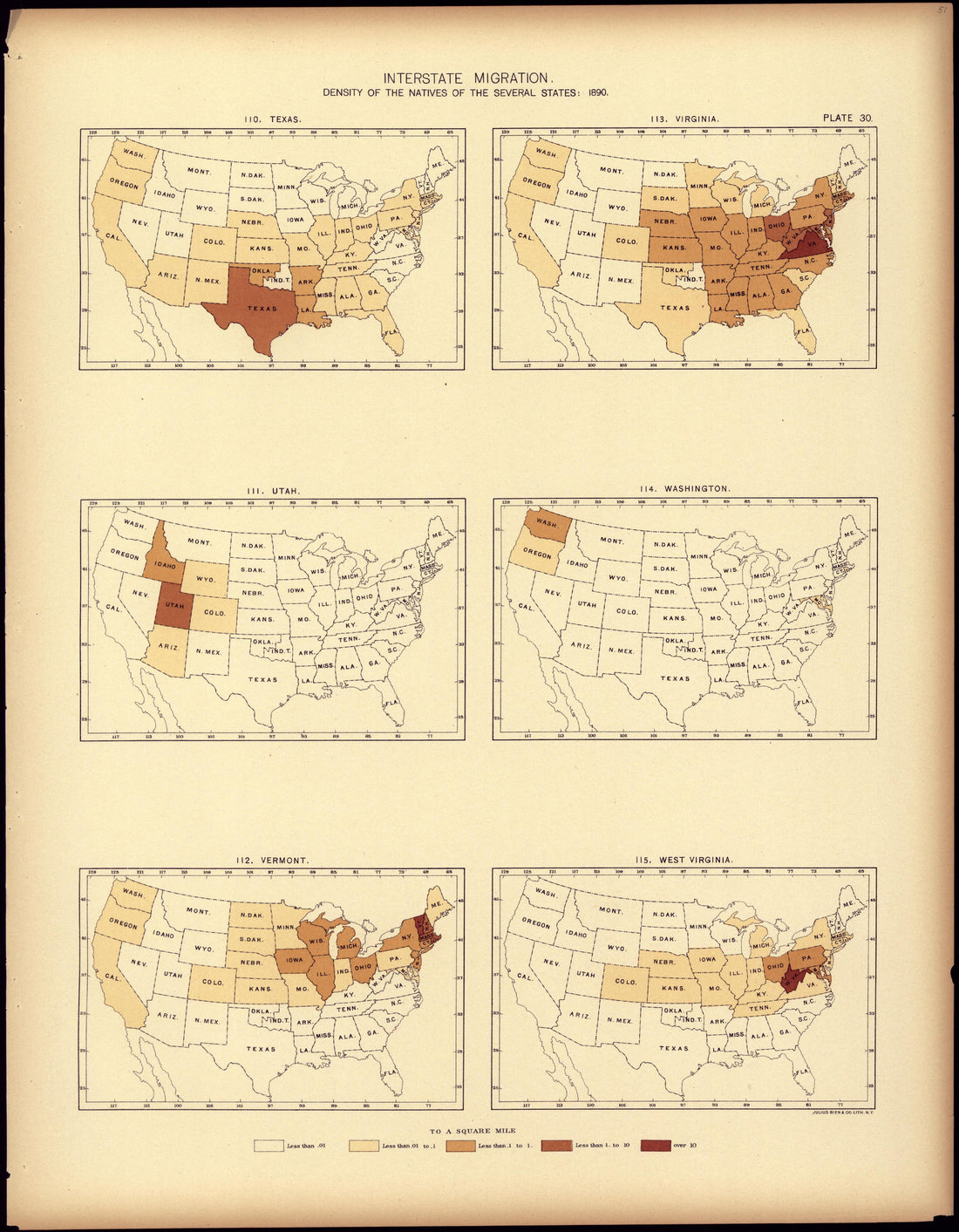 Interstate Migration : 1890 (TX, UT, VT, VA, WA, WV) from Statistical Atlas of the United States, Based Upon the Results of the Eleventh Census 1898 by Relic Map Company