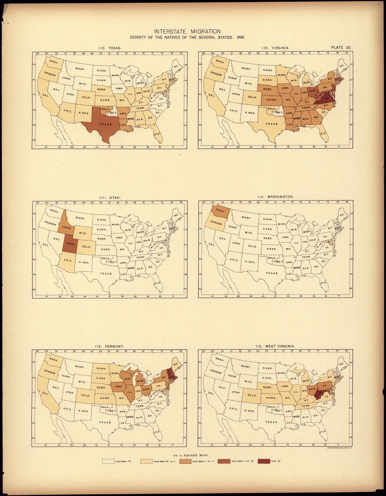 Interstate Migration : 1890 (TX, UT, VT, VA, WA, WV) from Statistical Atlas of the United States, Based Upon the Results of the Eleventh Census 1898 by Relic Map Company