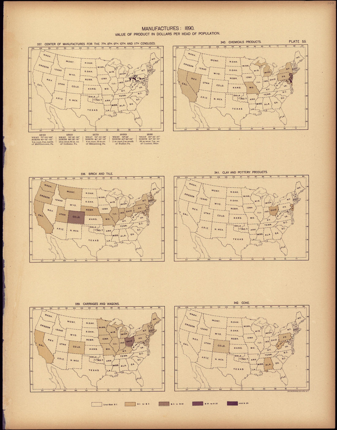 Manufactures: 1890, Value of Product In Dollars Per Head of Population from Statistical Atlas of the United States, Based Upon the Results of the Eleventh Census 1898 by Relic Map Company