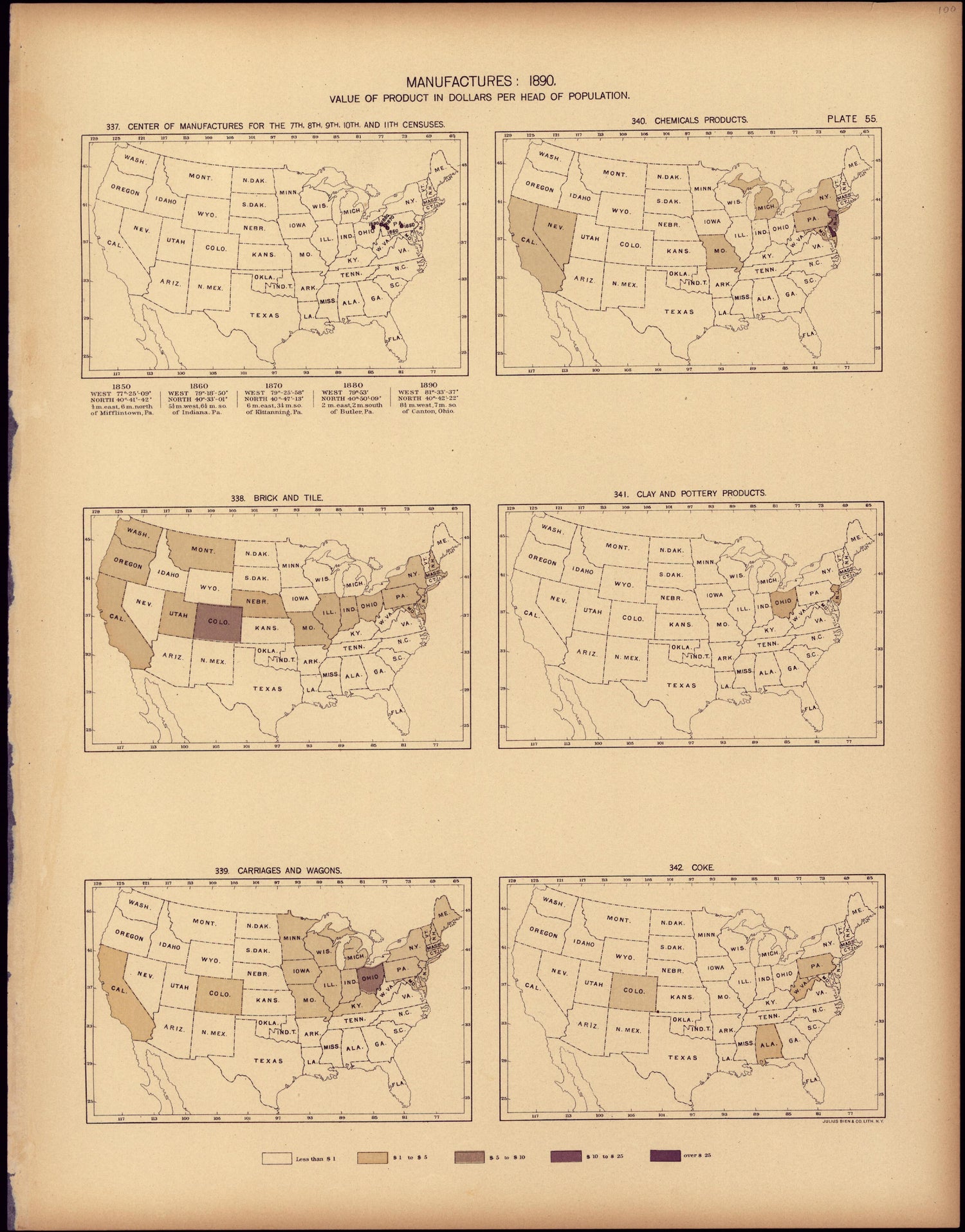 Manufactures: 1890, Value of Product In Dollars Per Head of Population from Statistical Atlas of the United States, Based Upon the Results of the Eleventh Census 1898 by Relic Map Company