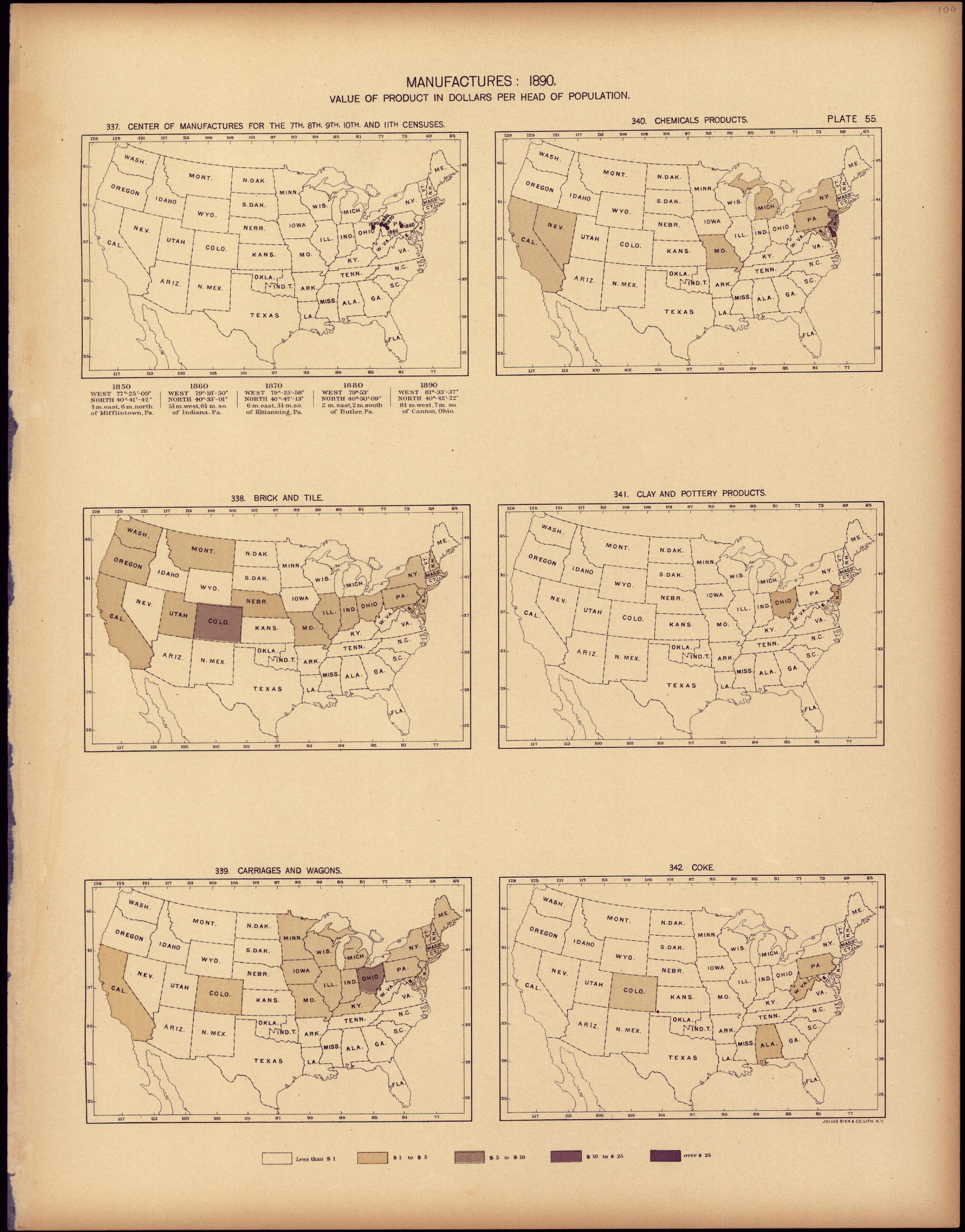 Manufactures: 1890, Value of Product In Dollars Per Head of Population from Statistical Atlas of the United States, Based Upon the Results of the Eleventh Census 1898 by Relic Map Company