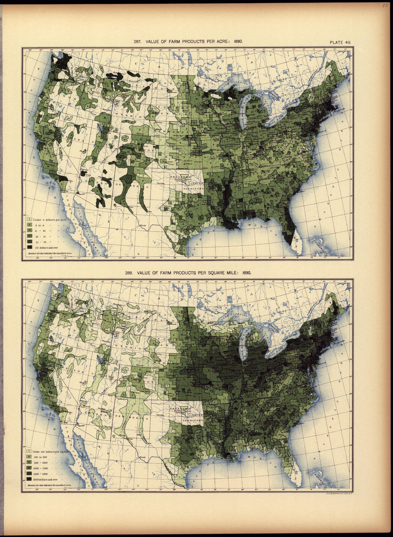 Value of Farm Products Per Acre: 1890 from Statistical Atlas of the United States, Based Upon the Results of the Eleventh Census 1898 by Relic Map Company