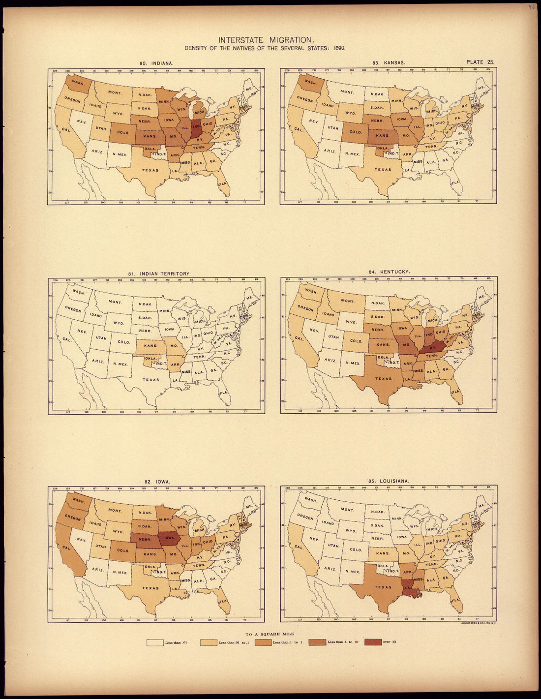 Interstate Migration : 1890 (IN, Indian Territory, IA, KS, KT, LA) from Statistical Atlas of the United States, Based Upon the Results of the Eleventh Census 1898 by Relic Map Company