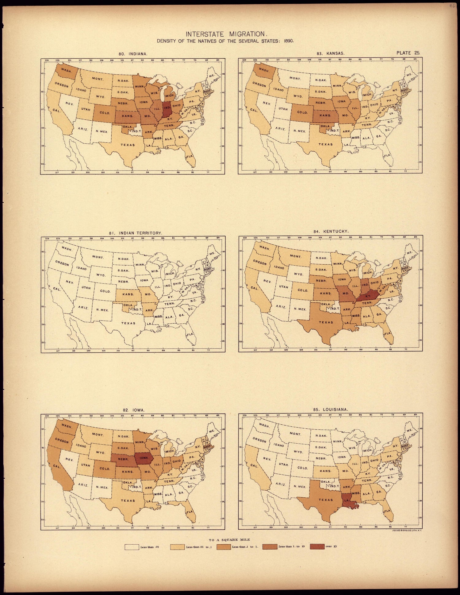 Interstate Migration : 1890 (IN, Indian Territory, IA, KS, KT, LA) from Statistical Atlas of the United States, Based Upon the Results of the Eleventh Census 1898 by Relic Map Company