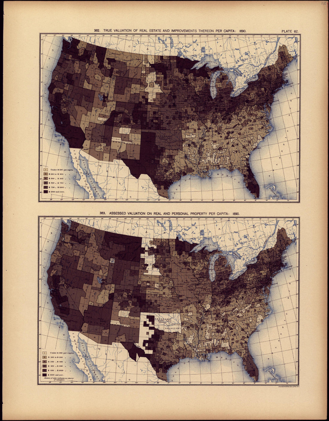 True Valuation of Real Estate and Improvements Threreon Per Capita: 1890 from Statistical Atlas of the United States, Based Upon the Results of the Eleventh Census 1898 by Relic Map Company