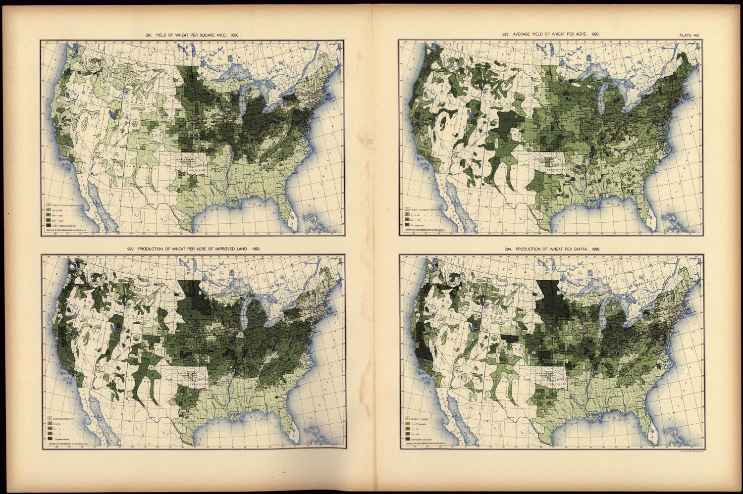 Yield of Wheat Pr Square Mile: 1890 from Statistical Atlas of the United States, Based Upon the Results of the Eleventh Census 1898 by Relic Map Company