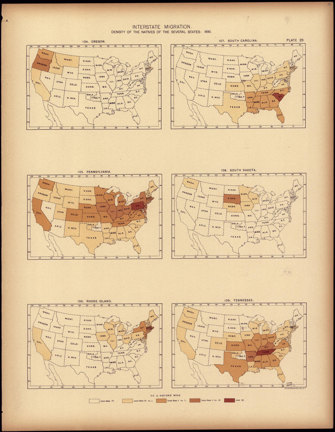 Interstate Migration : 1890 (OR, PA, RI, SC, SD, TN) from Statistical Atlas of the United States, Based Upon the Results of the Eleventh Census 1898 by Relic Map Company