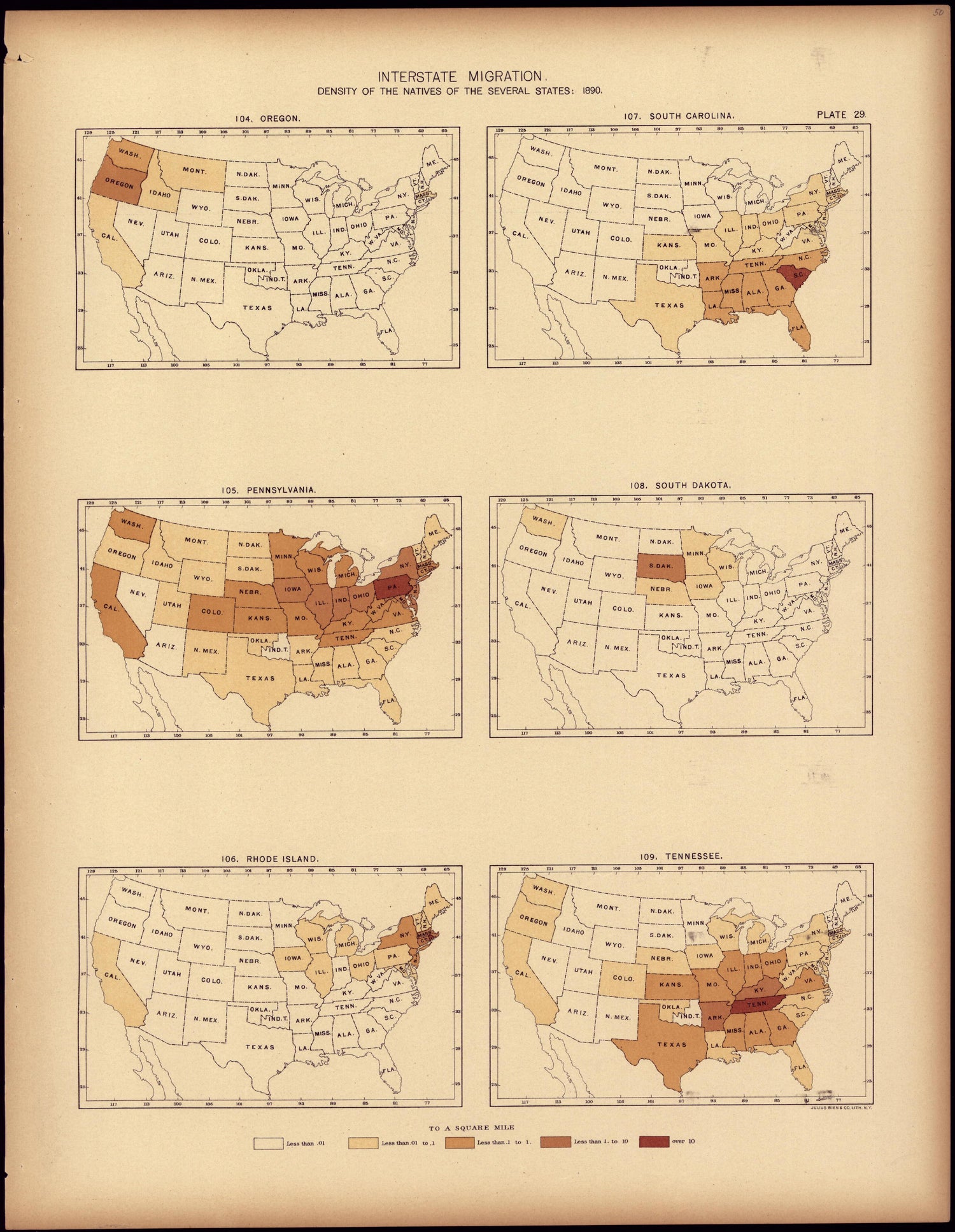 Interstate Migration : 1890 (OR, PA, RI, SC, SD, TN) from Statistical Atlas of the United States, Based Upon the Results of the Eleventh Census 1898 by Relic Map Company