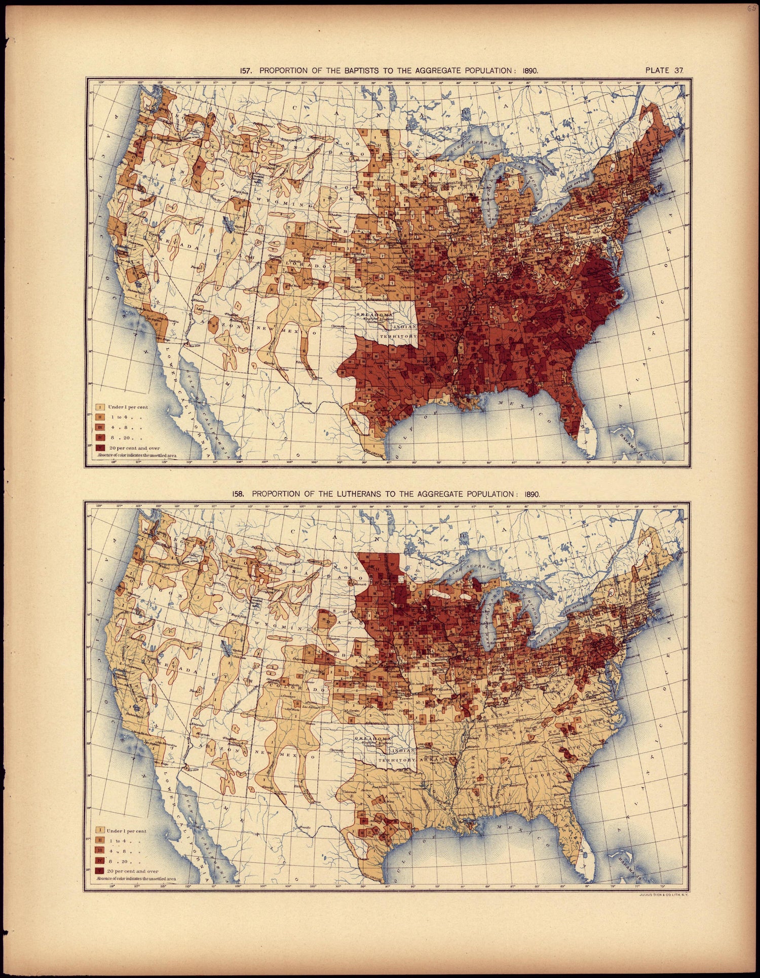 Proportion of the Baptists to the Aggregate Population: 1890 from Statistical Atlas of the United States, Based Upon the Results of the Eleventh Census 1898 by Relic Map Company