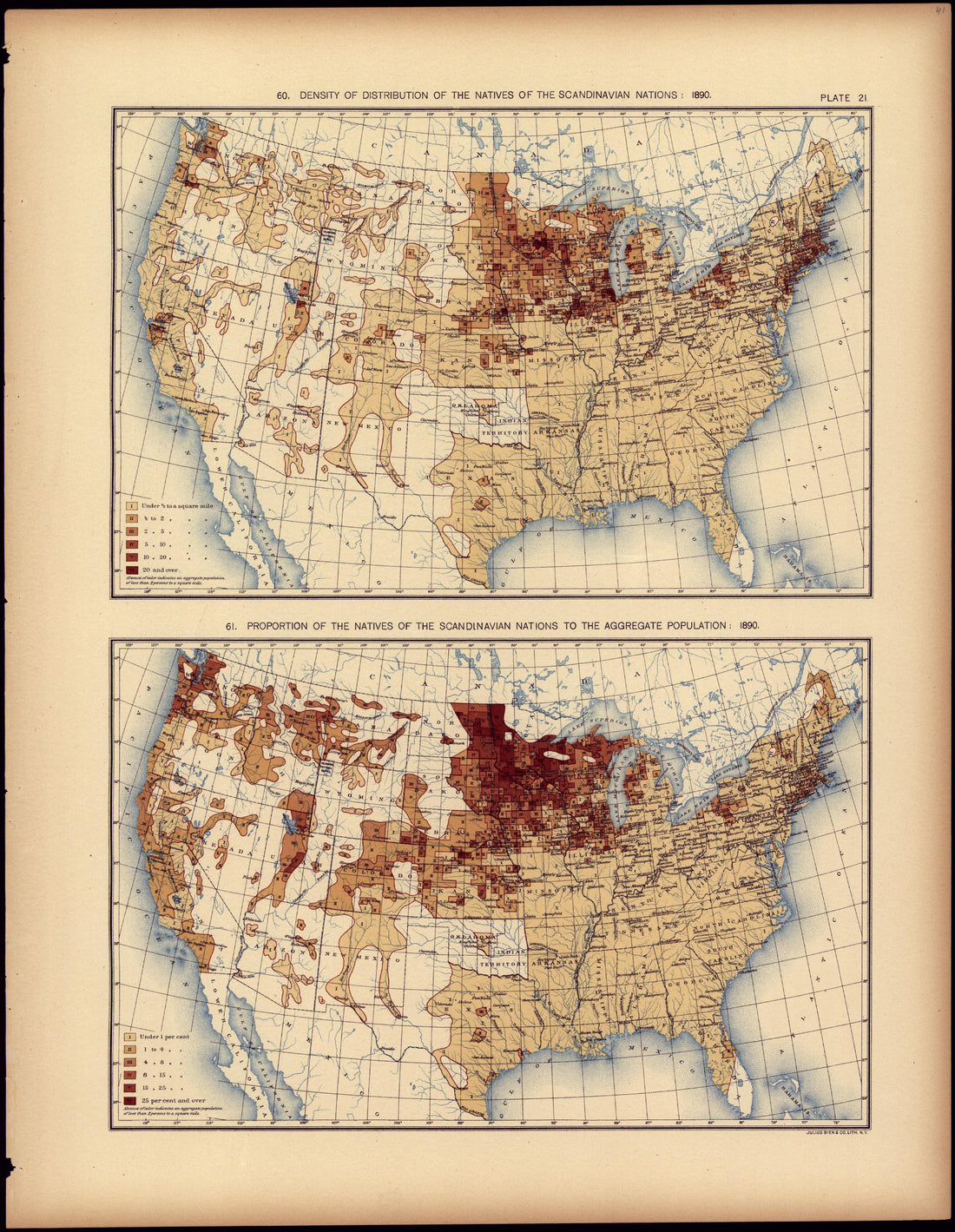Density of Distribution of the Natives of the Scandinavian Nations: 1890 from Statistical Atlas of the United States, Based Upon the Results of the Eleventh Census 1898 by Relic Map Company