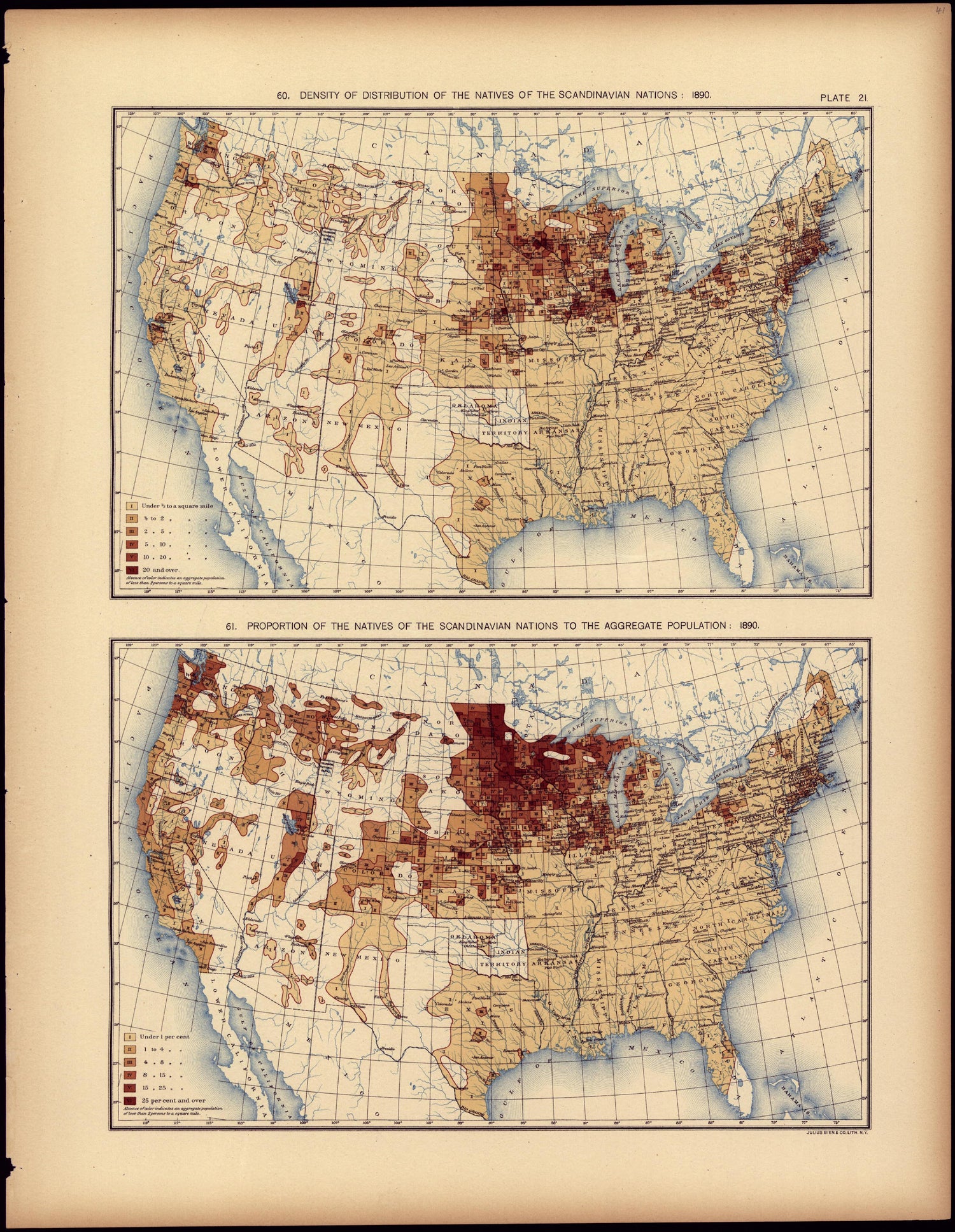 Density of Distribution of the Natives of the Scandinavian Nations: 1890 from Statistical Atlas of the United States, Based Upon the Results of the Eleventh Census 1898 by Relic Map Company