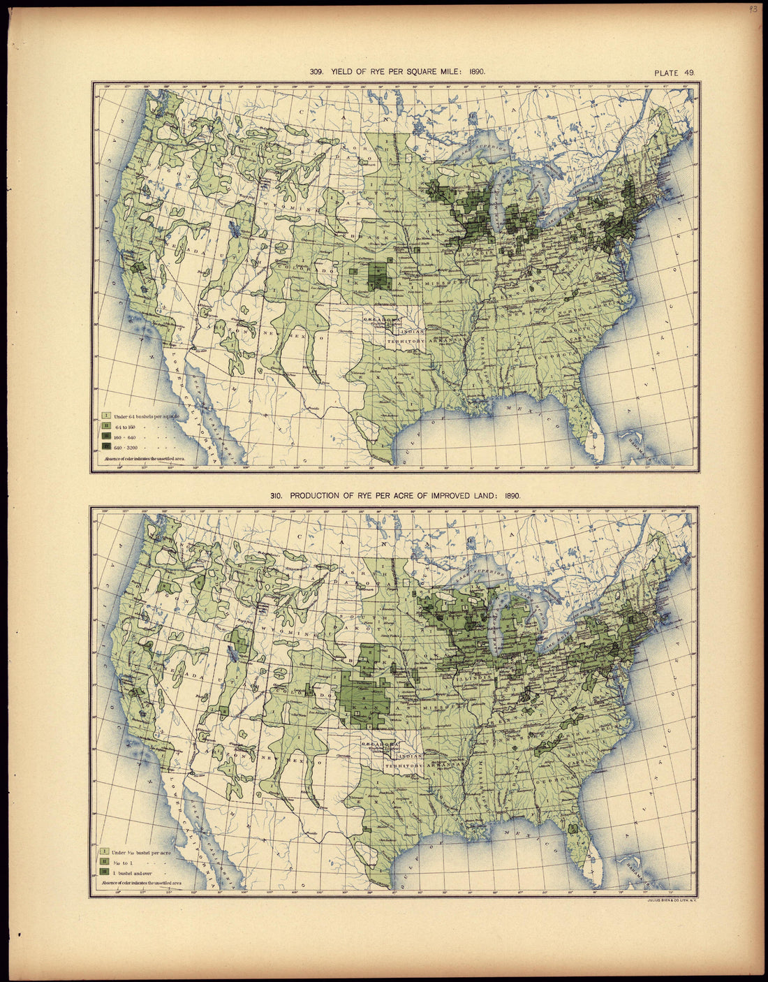 Yield of Rye Per Square Mile: 1890 from Statistical Atlas of the United States, Based Upon the Results of the Eleventh Census 1898 by Relic Map Company