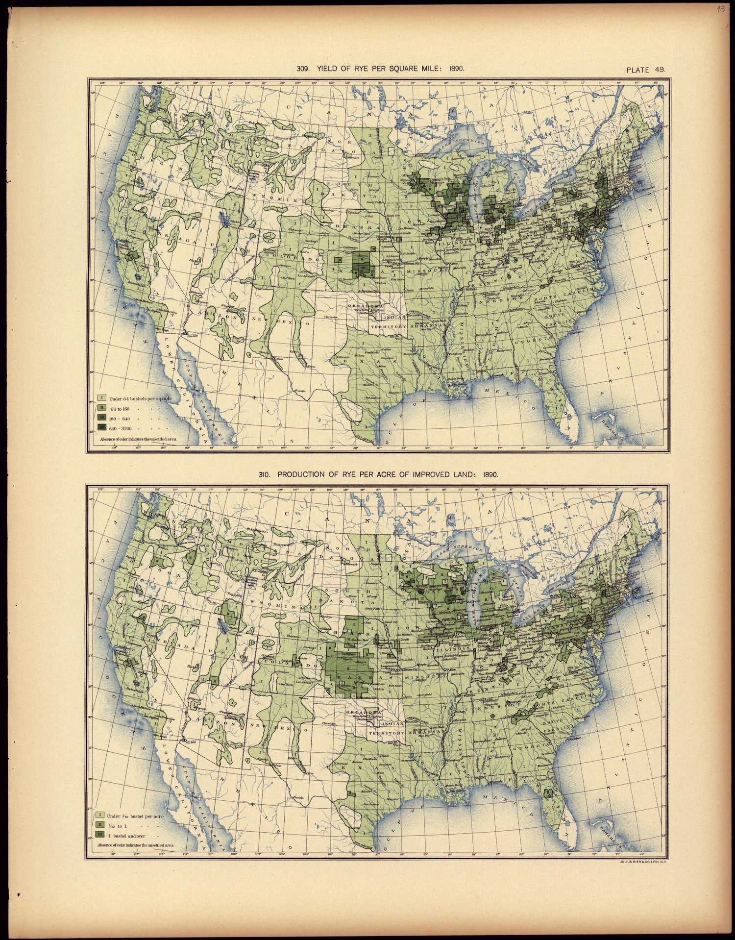 Yield of Rye Per Square Mile: 1890 from Statistical Atlas of the United States, Based Upon the Results of the Eleventh Census 1898 by Relic Map Company