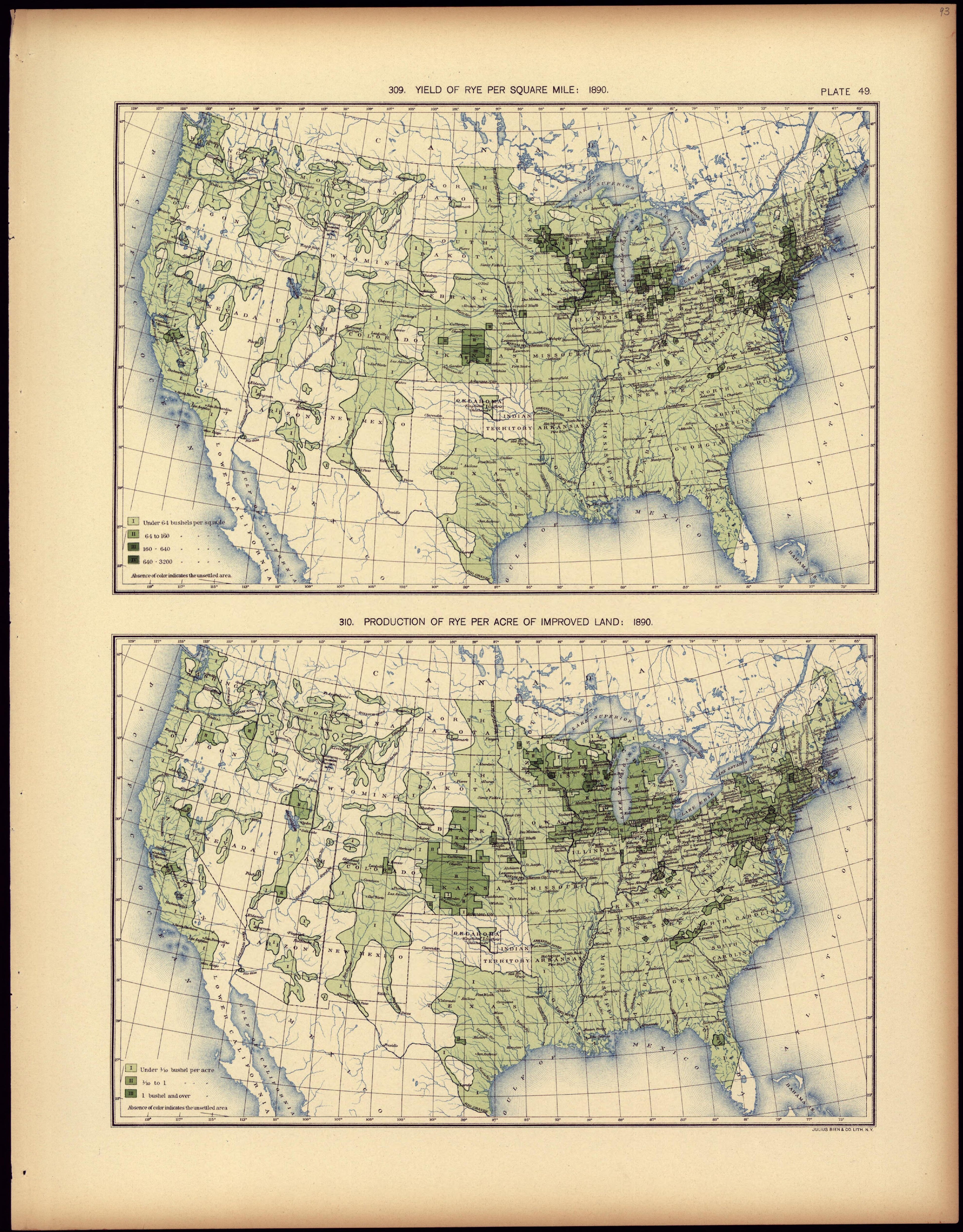 Yield of Rye Per Square Mile: 1890 from Statistical Atlas of the United States, Based Upon the Results of the Eleventh Census 1898 by Relic Map Company