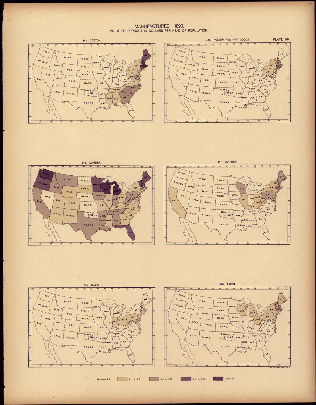 Manufactures: 1890, Value of Product In Dollars Per Head of Population from Statistical Atlas of the United States, Based Upon the Results of the Eleventh Census 1898 by Relic Map Company