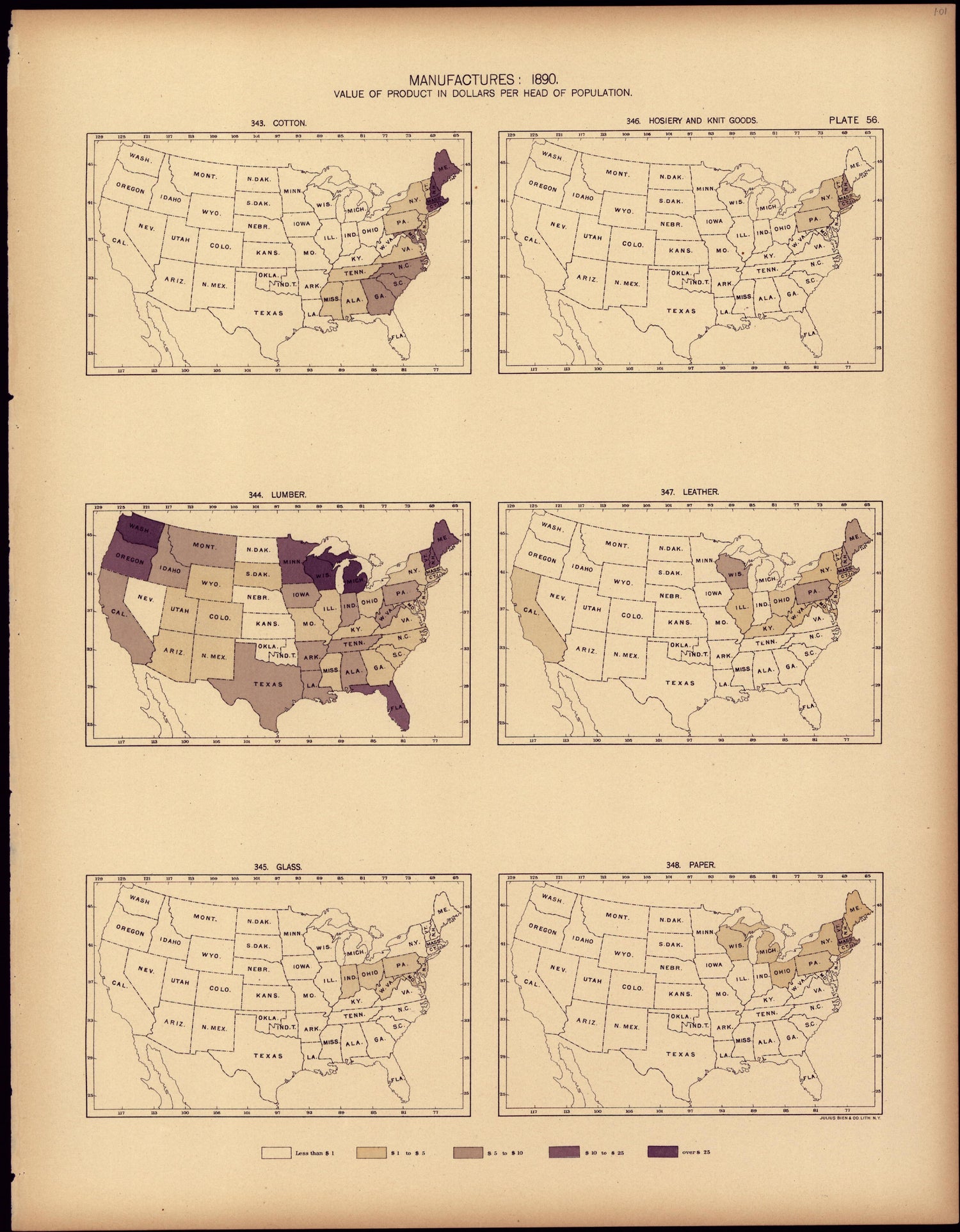 Manufactures: 1890, Value of Product In Dollars Per Head of Population from Statistical Atlas of the United States, Based Upon the Results of the Eleventh Census 1898 by Relic Map Company