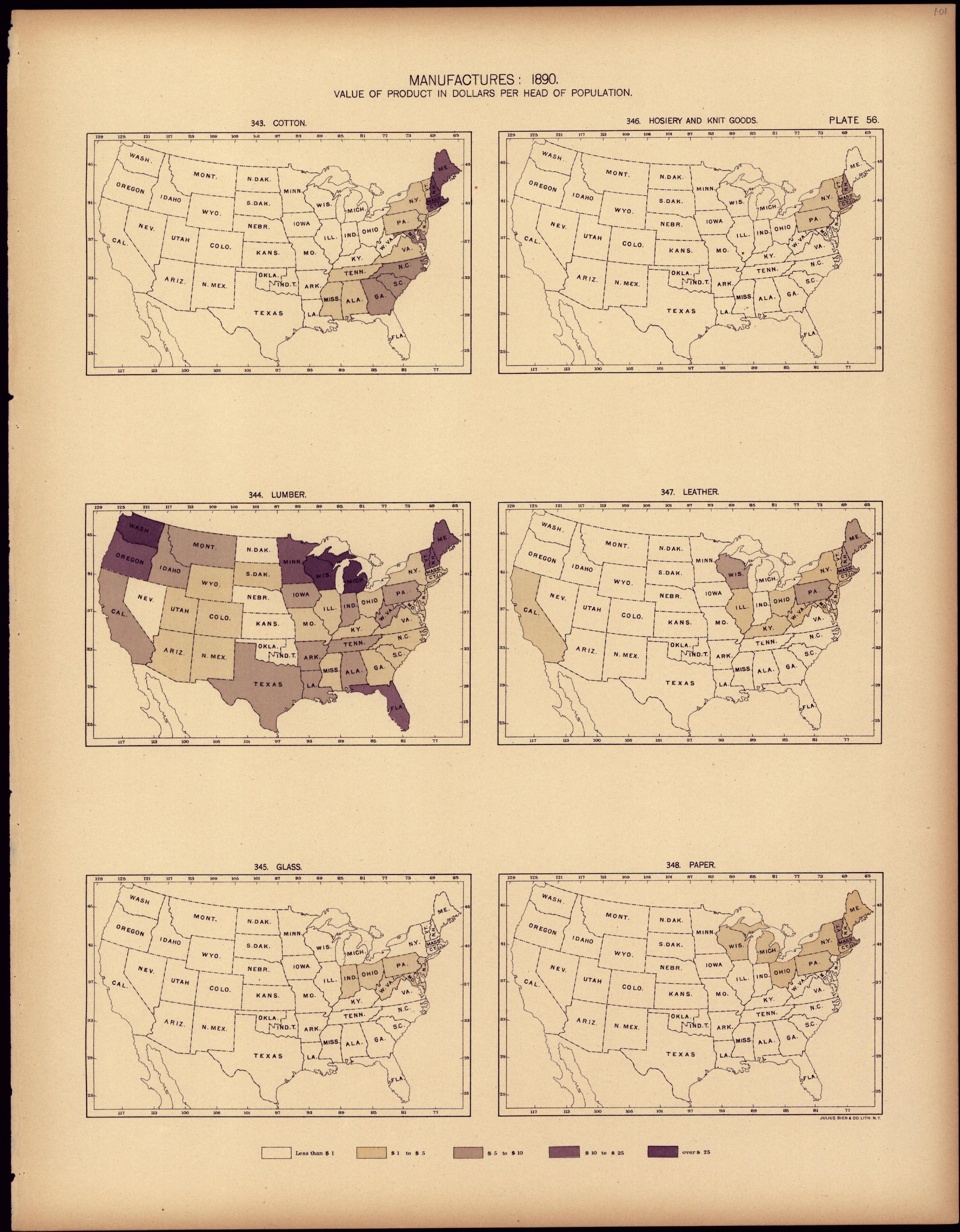 Manufactures: 1890, Value of Product In Dollars Per Head of Population from Statistical Atlas of the United States, Based Upon the Results of the Eleventh Census 1898 by Relic Map Company