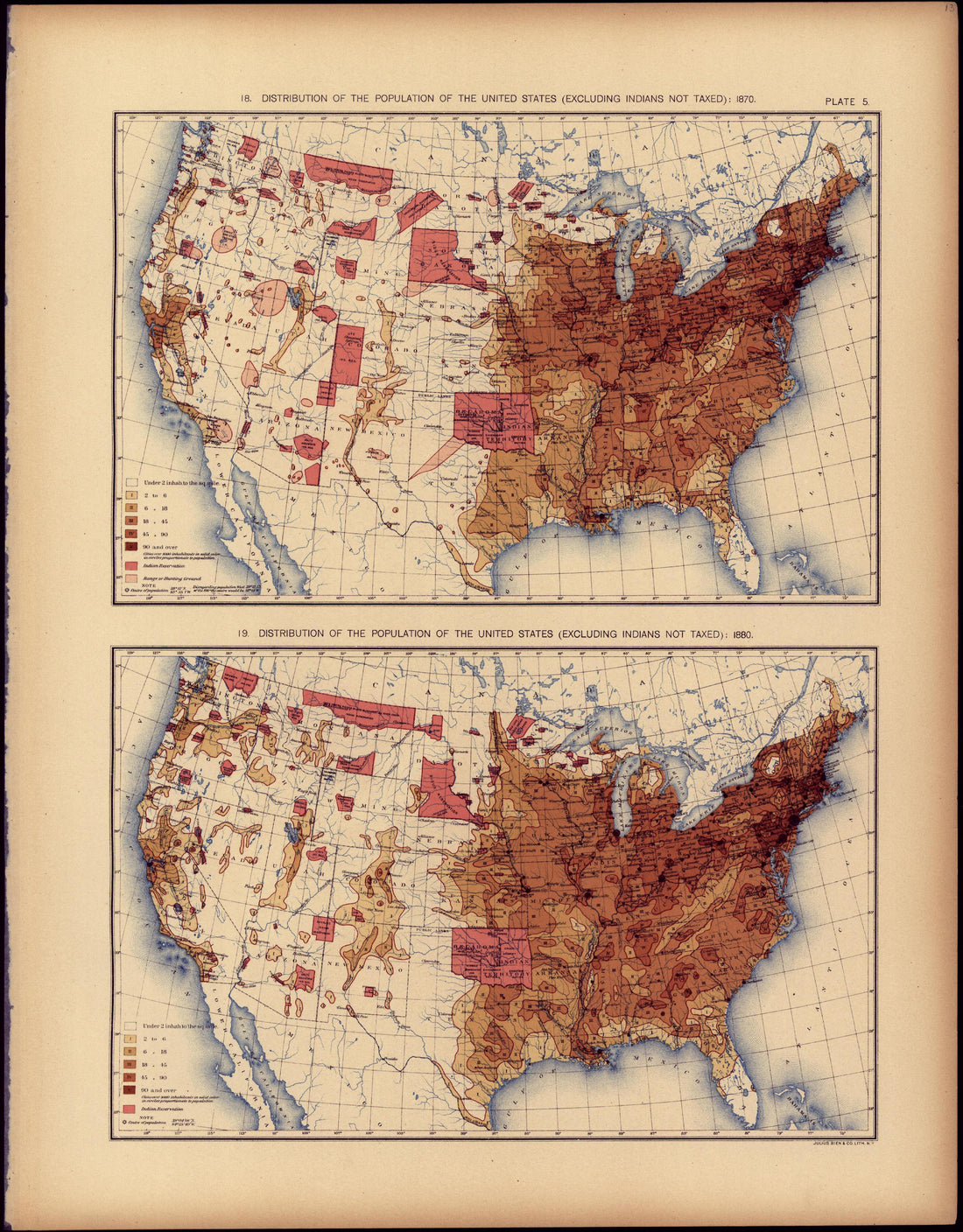 Distribution of the Population of the United States (Excluding Indians Not Taxed): 1870 &amp; 1880 from Statistical Atlas of the United States, Based Upon the Results of the Eleventh Census 1898 by Relic Map Company