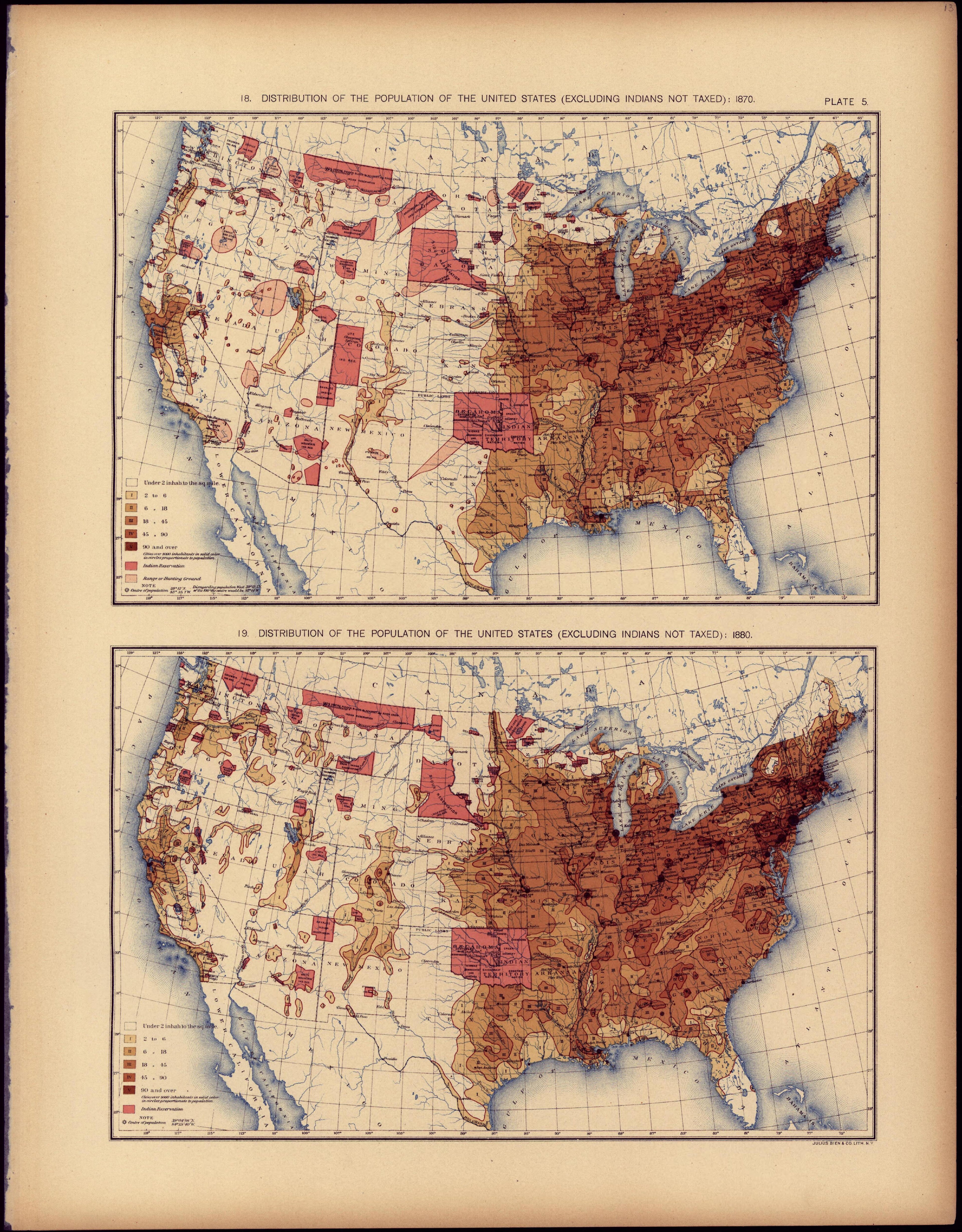 Distribution of the Population of the United States (Excluding Indians Not Taxed): 1870 &amp; 1880 from Statistical Atlas of the United States, Based Upon the Results of the Eleventh Census 1898 by Relic Map Company