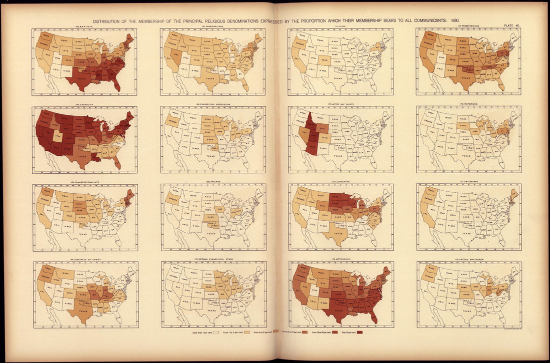 Distribution of the Membership of the Principal Religious Denominations Expressed by the Proportion Which Their Membership Bears to All Communicants: 1890 from Statistical Atlas of the United States, Based Upon the Results of the Eleventh Census 1898 by Relic Map Company