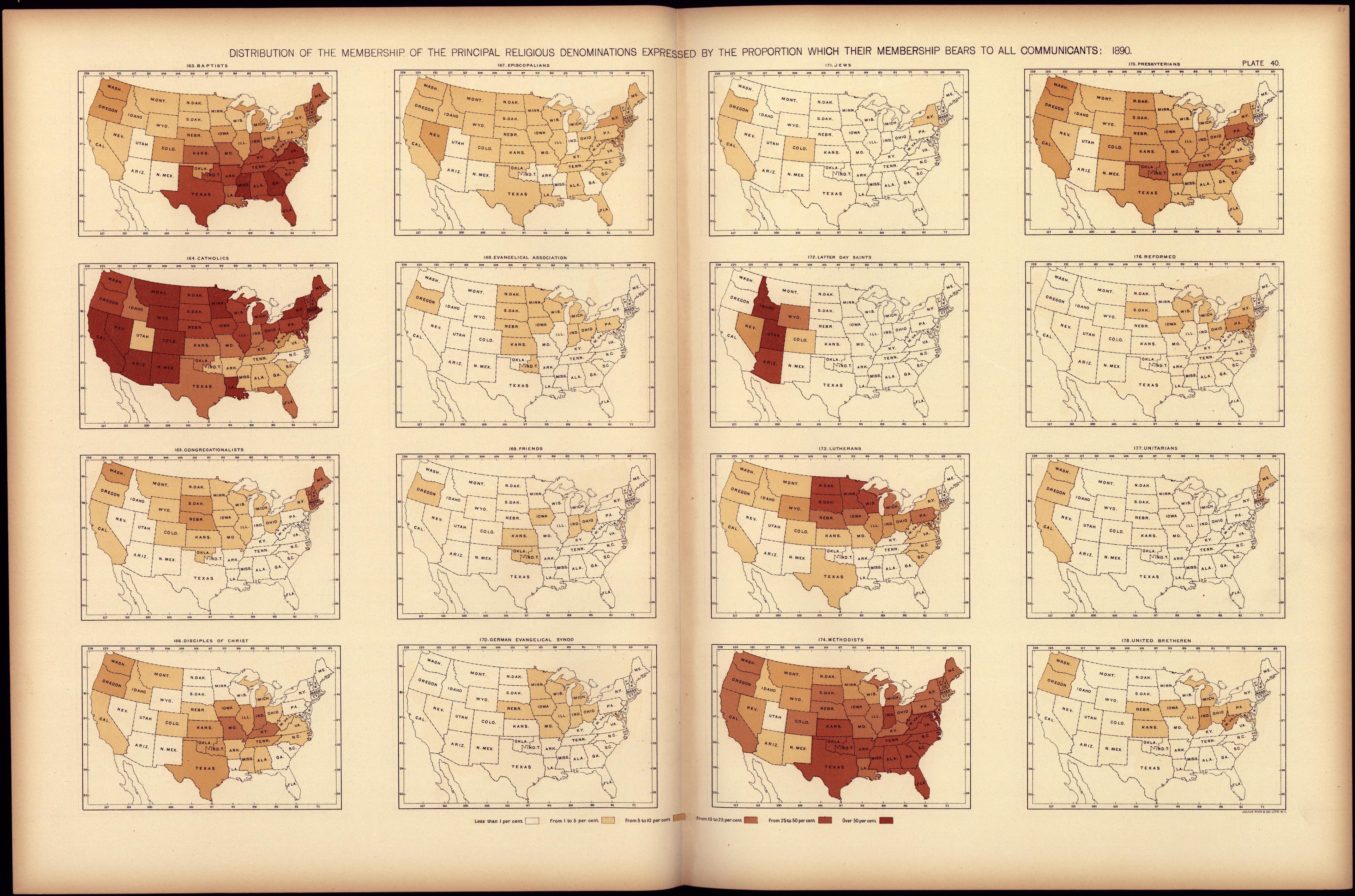 Distribution of the Membership of the Principal Religious Denominations Expressed by the Proportion Which Their Membership Bears to All Communicants: 1890 from Statistical Atlas of the United States, Based Upon the Results of the Eleventh Census 1898 by Relic Map Company