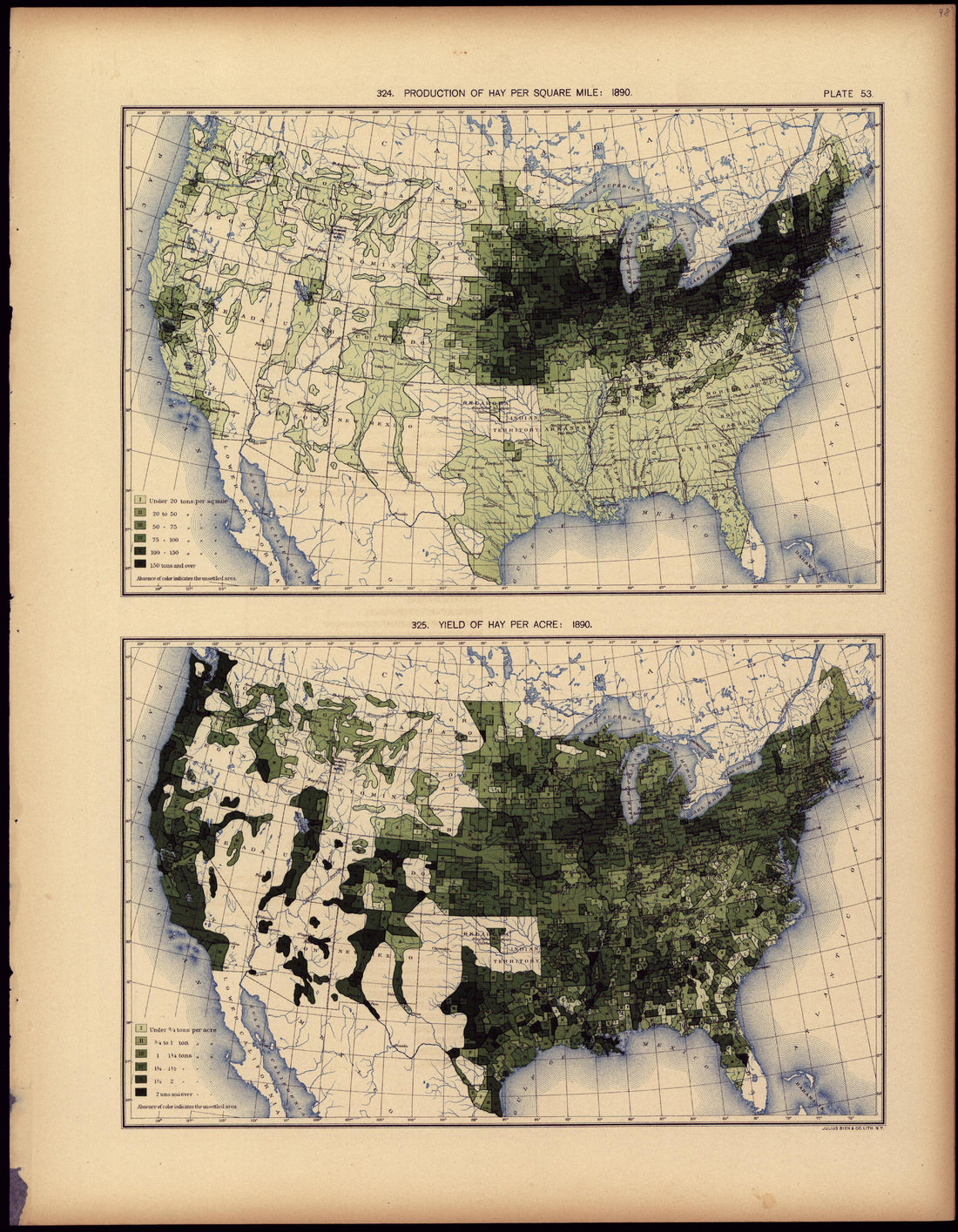 Production of Hay Per Square Mile: 1890 from Statistical Atlas of the United States, Based Upon the Results of the Eleventh Census 1898 by Relic Map Company