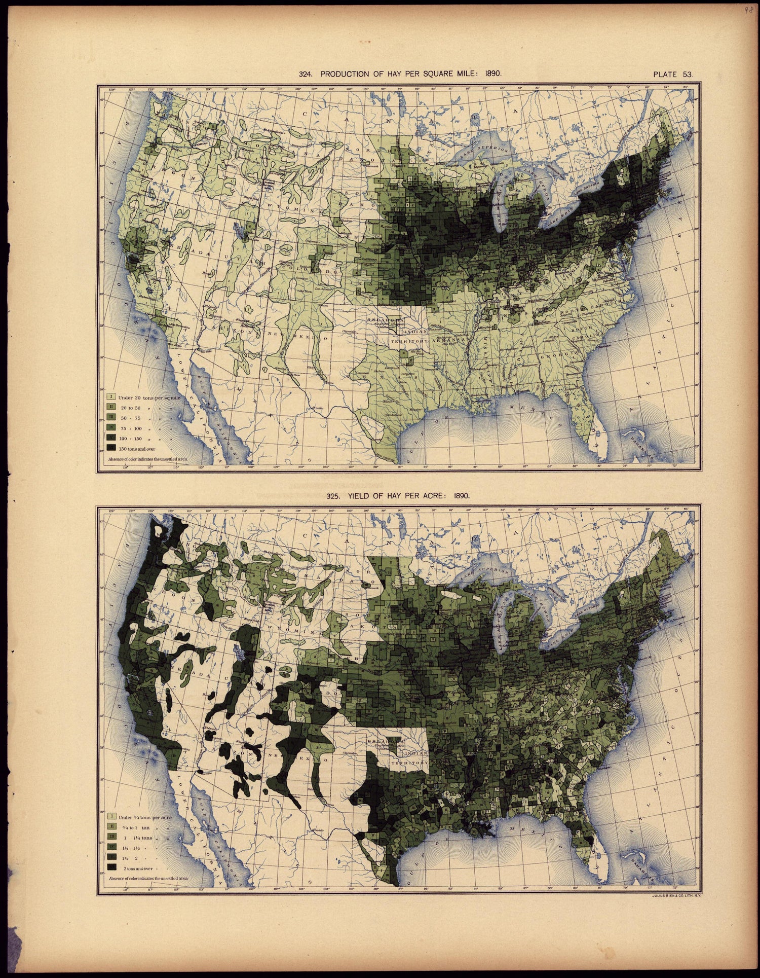 Production of Hay Per Square Mile: 1890 from Statistical Atlas of the United States, Based Upon the Results of the Eleventh Census 1898 by Relic Map Company