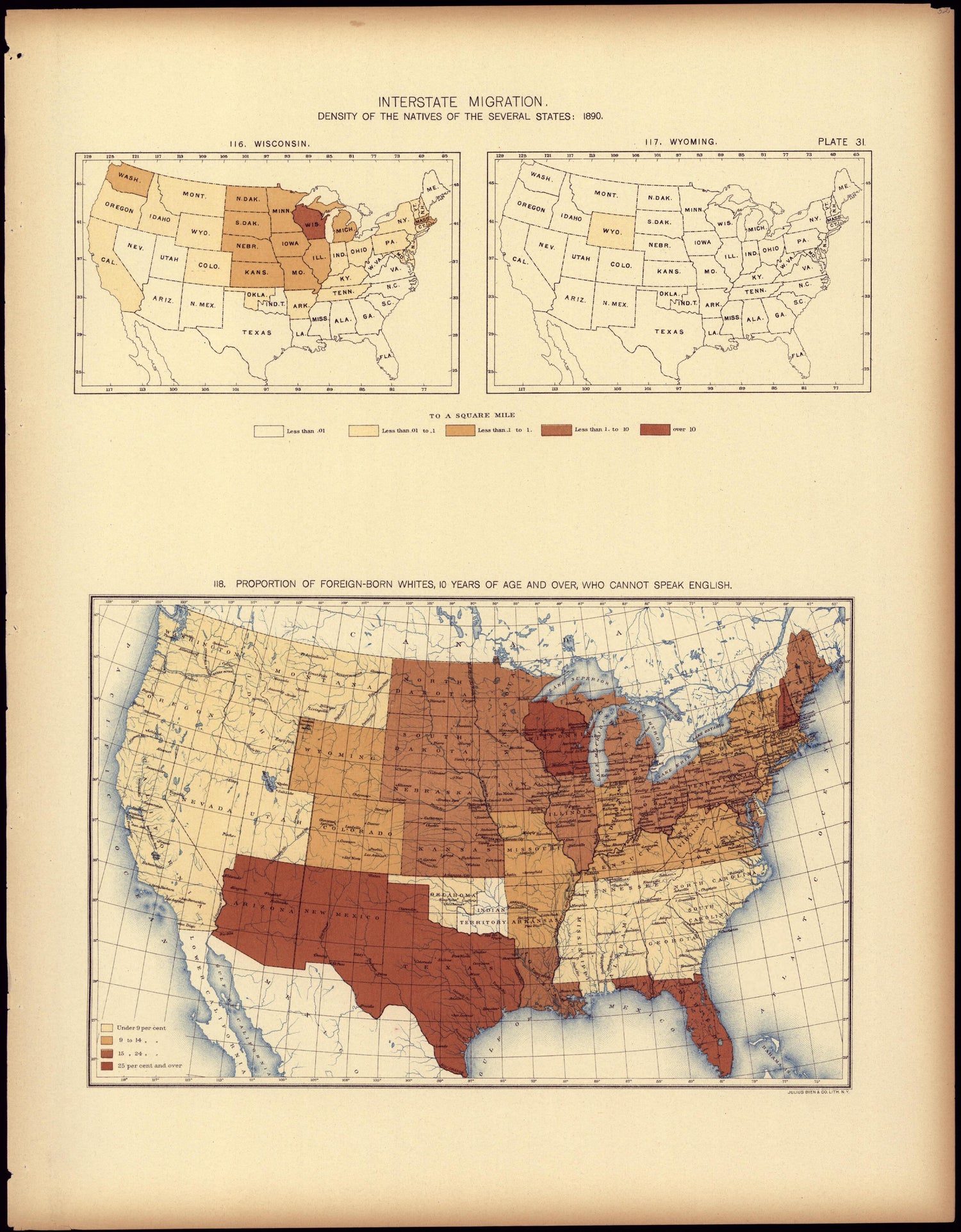 Interstate Migration : 1890 (WI, WY) from Statistical Atlas of the United States, Based Upon the Results of the Eleventh Census 1898 by Relic Map Company