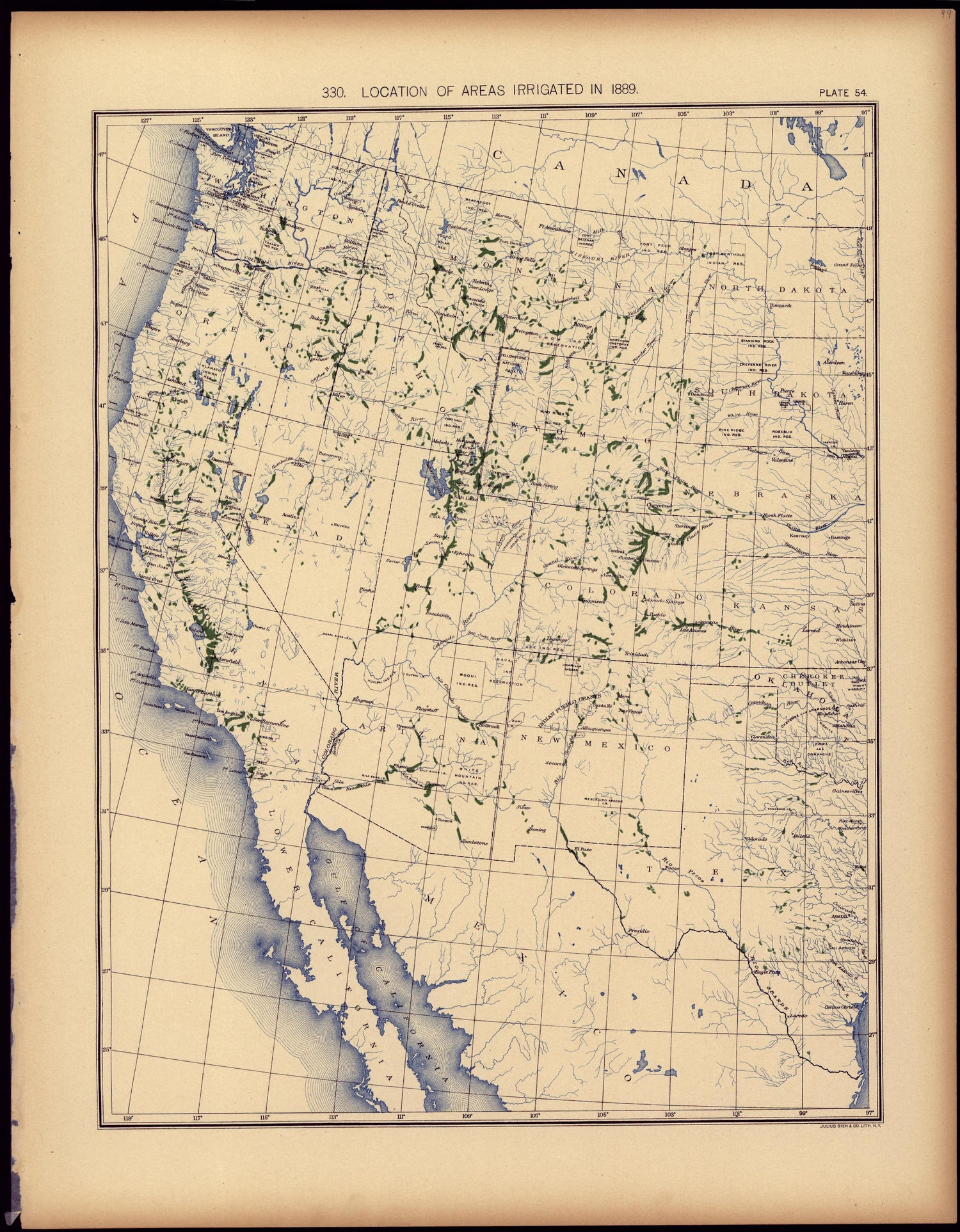 Location of Areas Irrigated In 1889 from Statistical Atlas of the United States, Based Upon the Results of the Eleventh Census 1898 by Relic Map Company