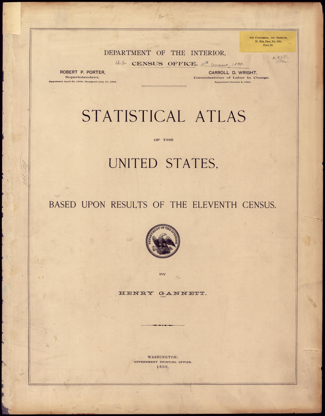 Title from Statistical Atlas of the United States, Based Upon the Results of the Eleventh Census 1898 by Relic Map Company