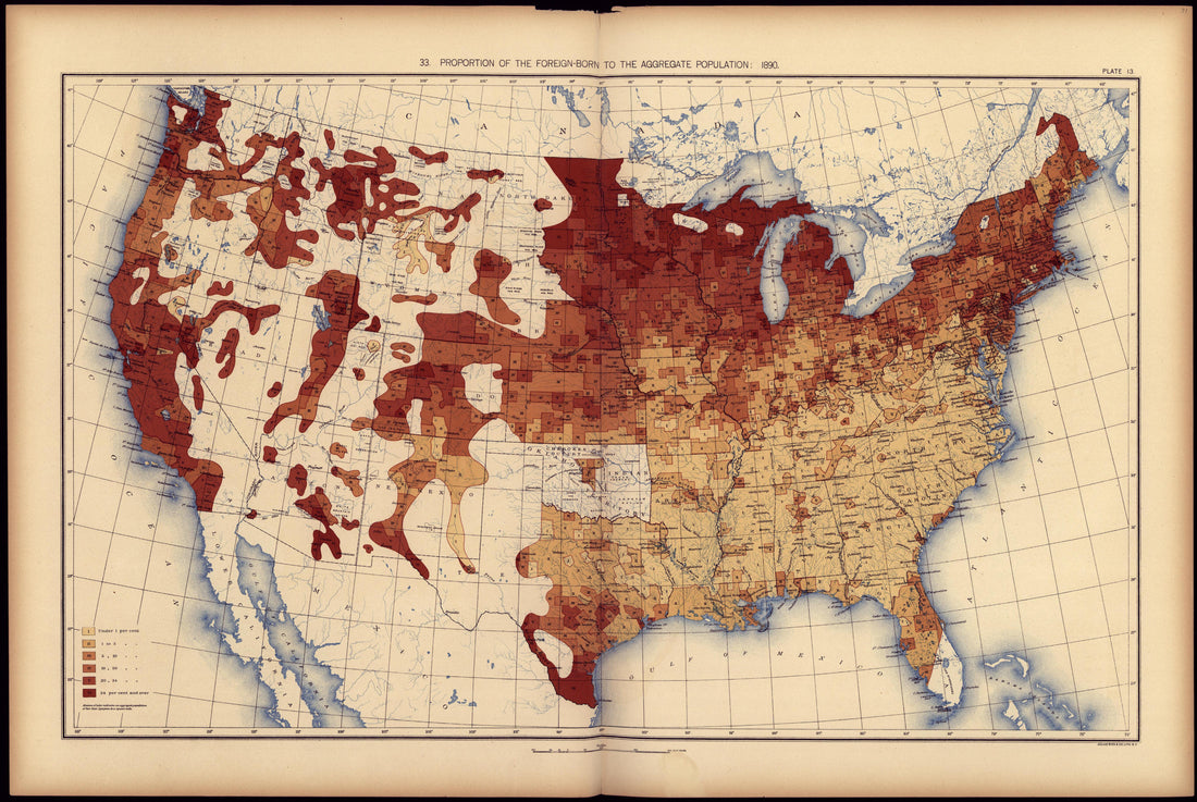 Proportion of the Foreign-born to the Aggregate Population: 1890 from Statistical Atlas of the United States, Based Upon the Results of the Eleventh Census 1898 by Relic Map Company