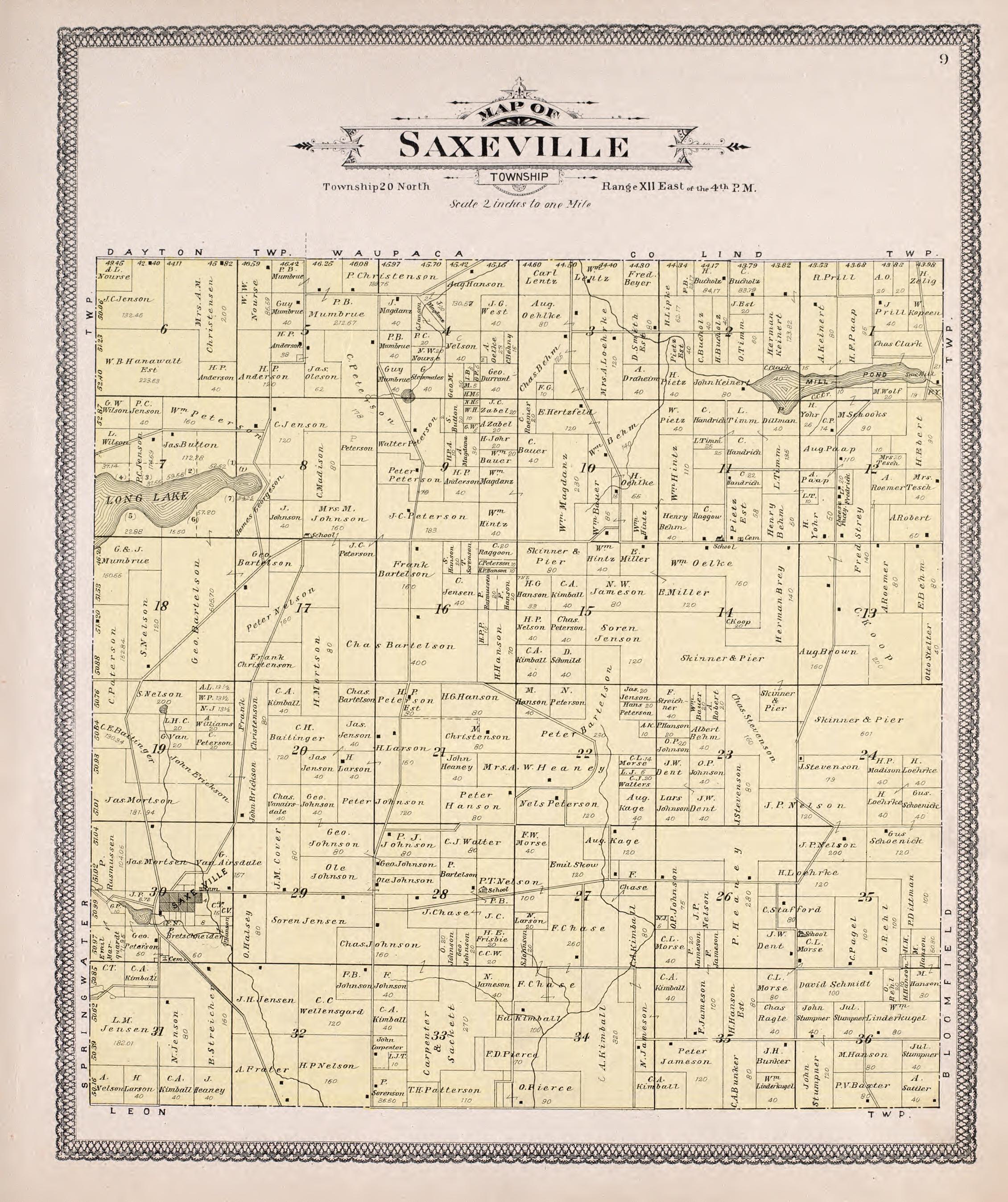 Saxeville from Atlas of Waushara County, Wisconsin : Containing Maps of Villages, Cities and Townships of the County, Maps of State and United States 1906 by Relic Map Company