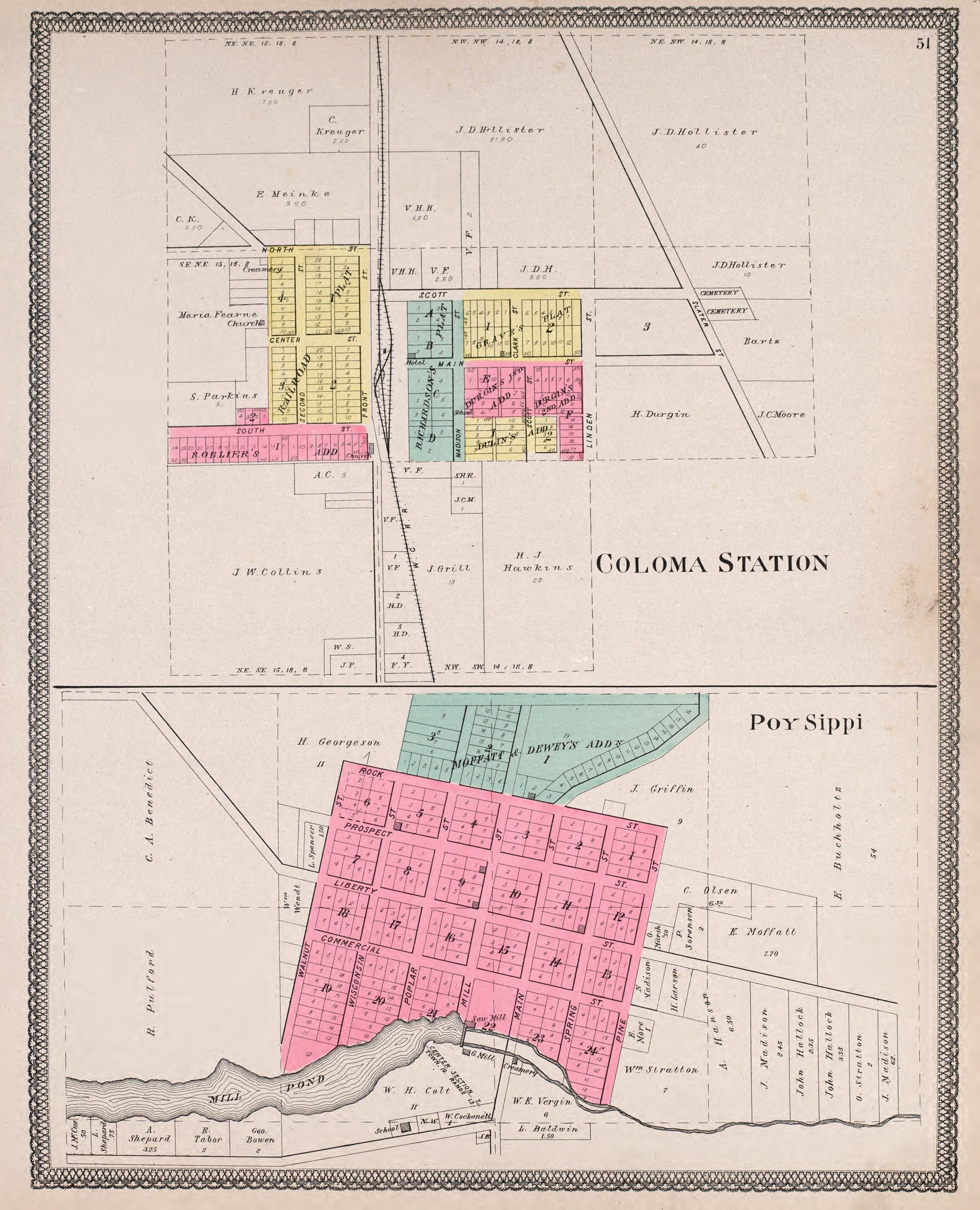 Coloma Station &amp; Poy Sippi from Atlas of Waushara County, Wisconsin : Containing Maps of Villages, Cities and Townships of the County, Maps of State and United States 1906 by Relic Map Company