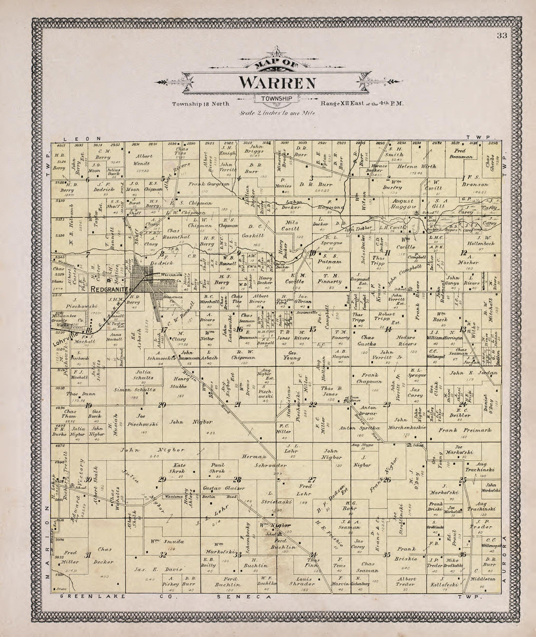 Warren from Atlas of Waushara County, Wisconsin : Containing Maps of Villages, Cities and Townships of the County, Maps of State and United States 1906 by Relic Map Company
