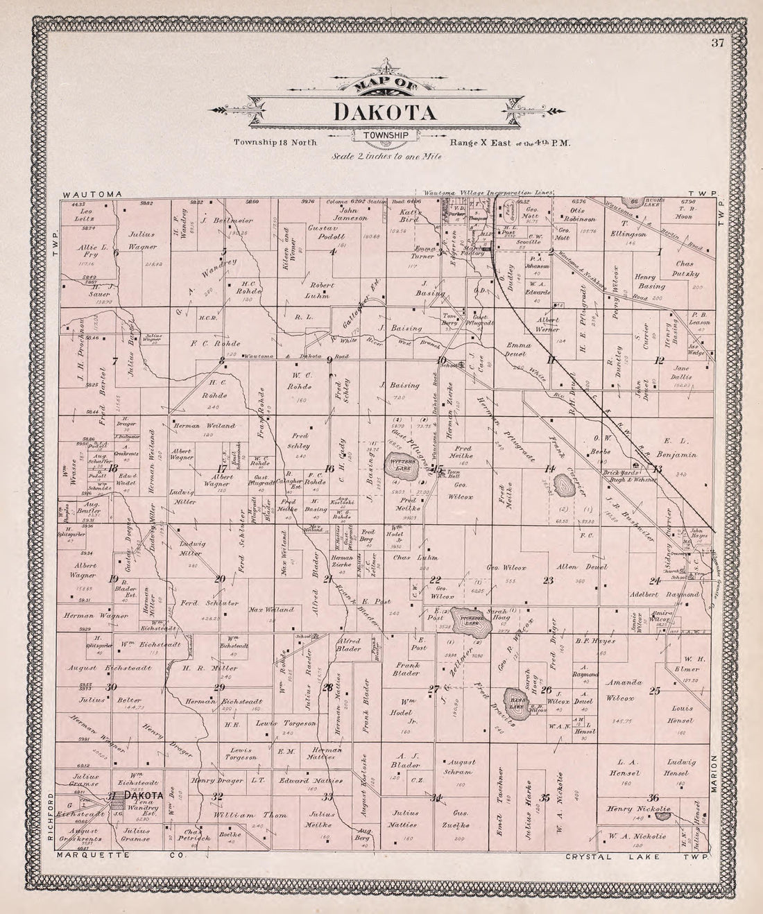 Dakota from Atlas of Waushara County, Wisconsin : Containing Maps of Villages, Cities and Townships of the County, Maps of State and United States 1906 by Relic Map Company