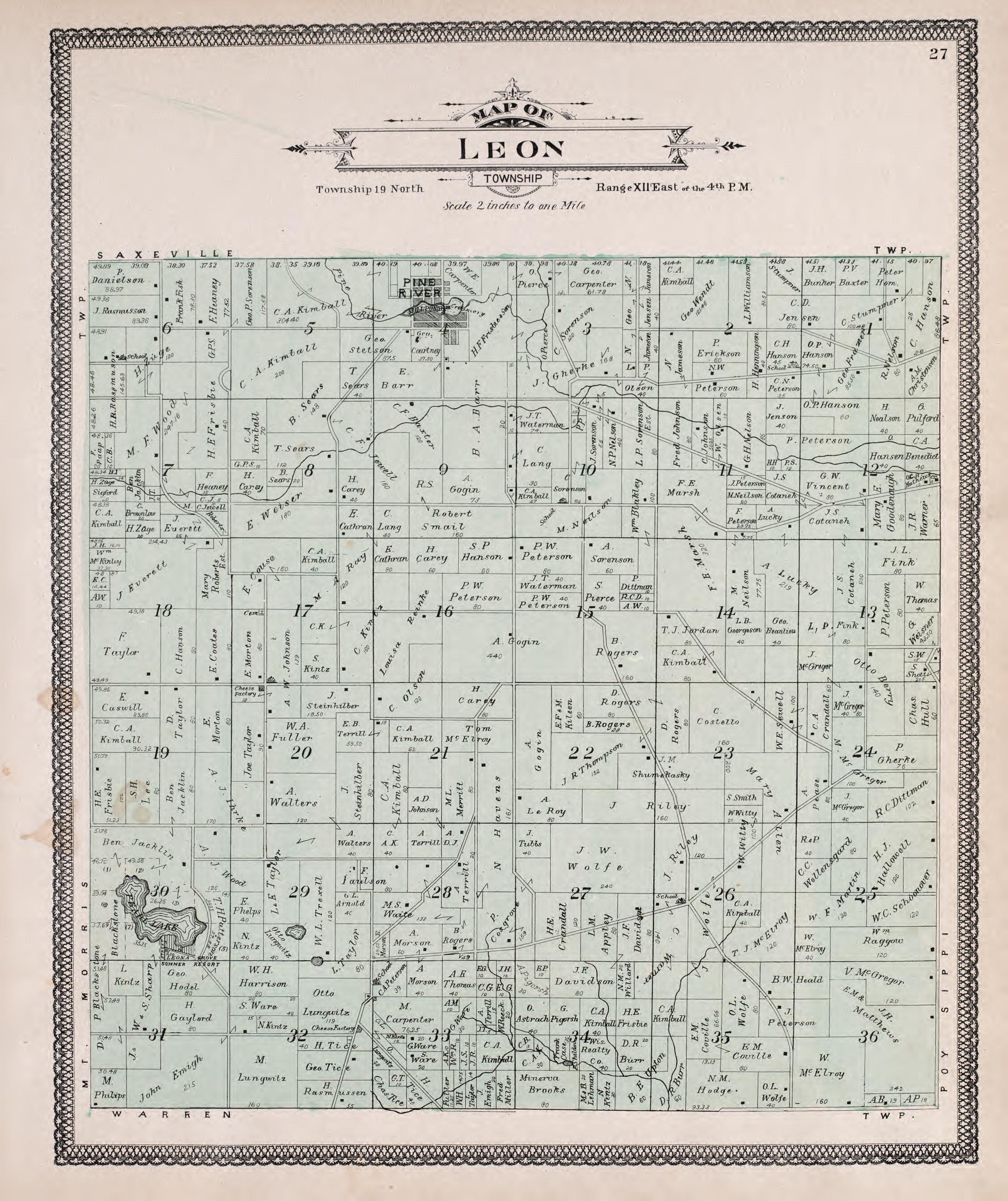 Leon from Atlas of Waushara County, Wisconsin : Containing Maps of Villages, Cities and Townships of the County, Maps of State and United States 1906 by Relic Map Company