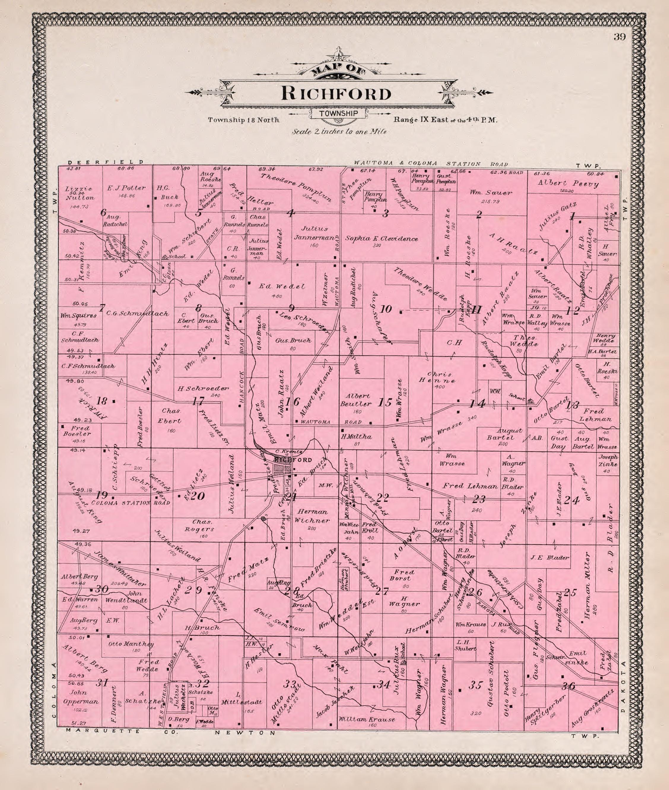 Richford from Atlas of Waushara County, Wisconsin : Containing Maps of Villages, Cities and Townships of the County, Maps of State and United States 1906 by Relic Map Company