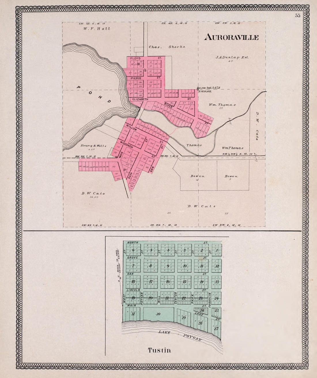 Auroraville &amp; Tustin from Atlas of Waushara County, Wisconsin : Containing Maps of Villages, Cities and Townships of the County, Maps of State and United States 1906 by Relic Map Company