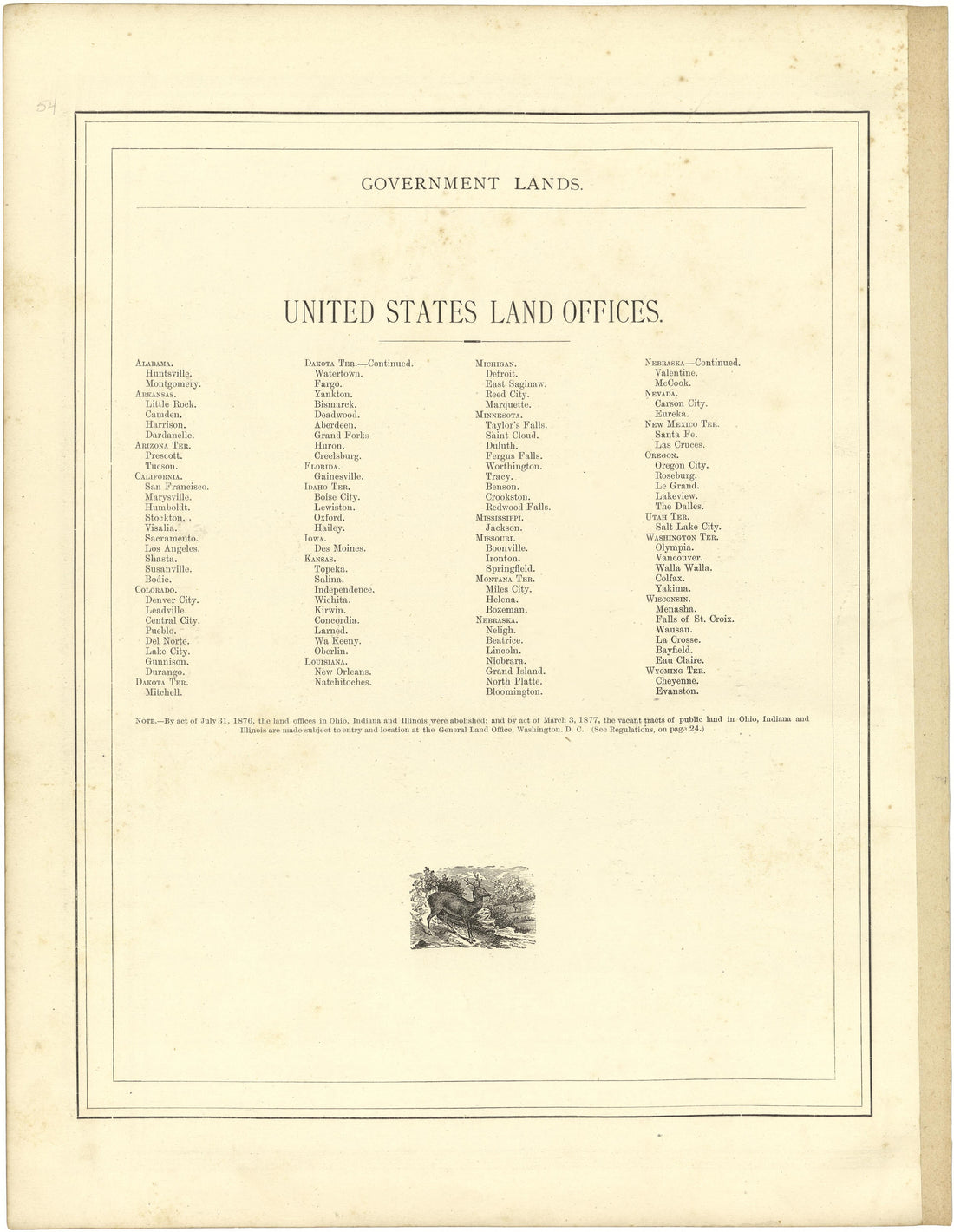 United States Land Offices from Illustrated Atlas of Lake County, Illinois : Containing Maps of Every Township In the County, With Village and City Plats : Also Maps of Michigan ... Texas, and Washington Territory : Compiled … 1885 by Relic Map Company
