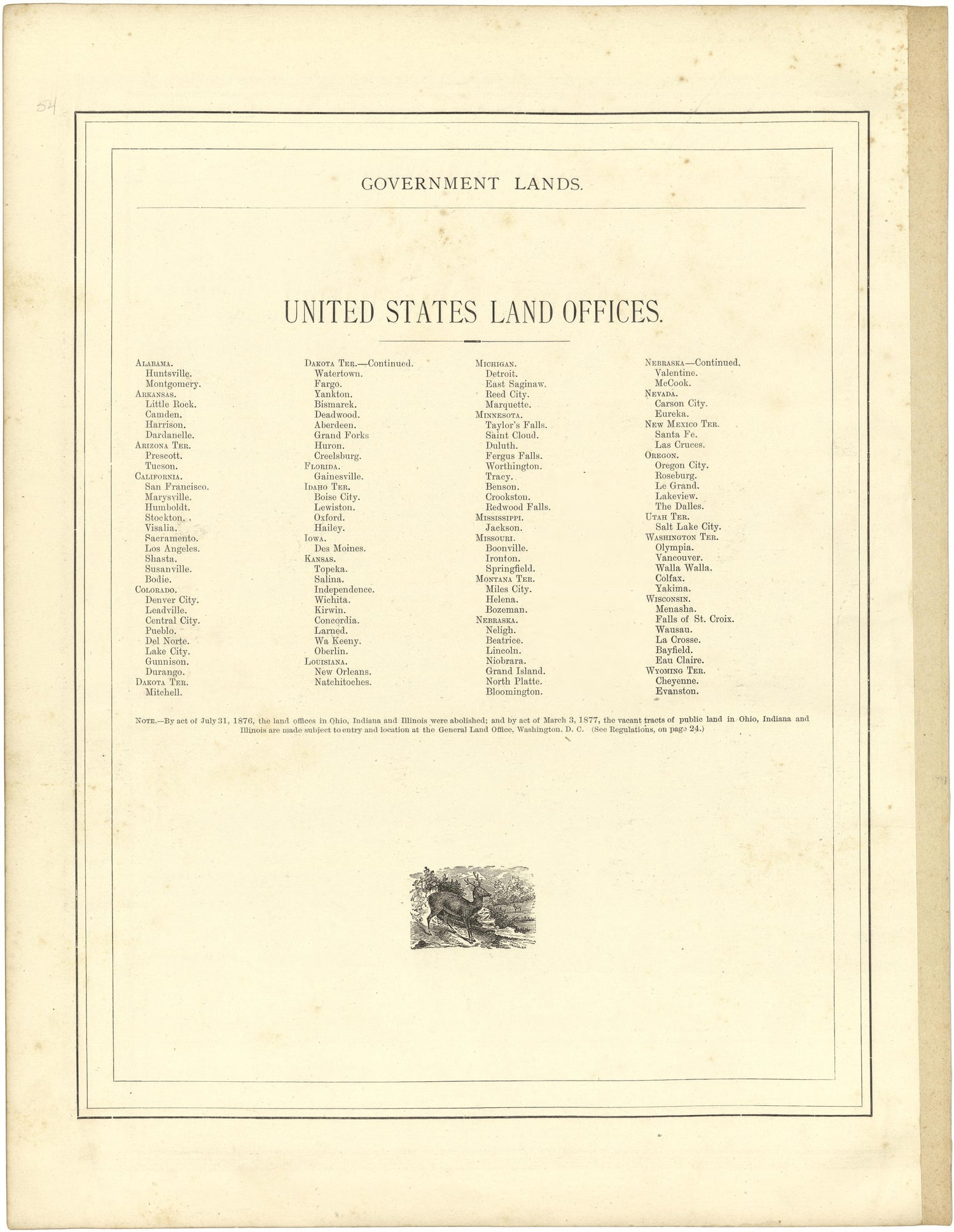 United States Land Offices from Illustrated Atlas of Lake County, Illinois : Containing Maps of Every Township In the County, With Village and City Plats : Also Maps of Michigan ... Texas, and Washington Territory : Compiled … 1885 by Relic Map Company