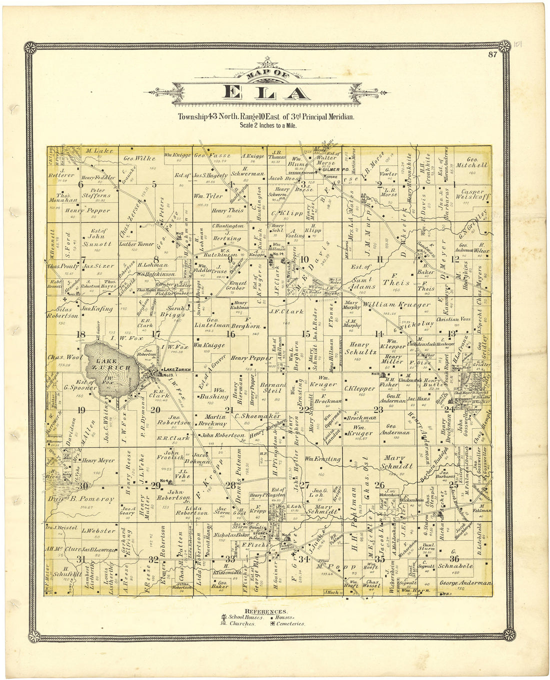 Map of Ela from Illustrated Atlas of Lake County, Illinois : Containing Maps of Every Township In the County, With Village and City Plats : Also Maps of Michigan ... Texas, and Washington Territory : Compiled … 1885 by Relic Map Company